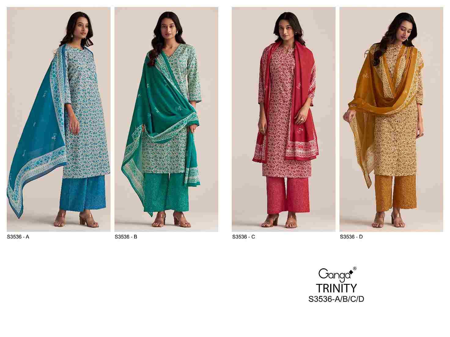 Trinity-3536 By Ganga Fashion 3536-A To 3536-D Series Beautiful Festive Suits Colorful Stylish Fancy Casual Wear & Ethnic Wear Pure Cotton Dresses At Wholesale Price
