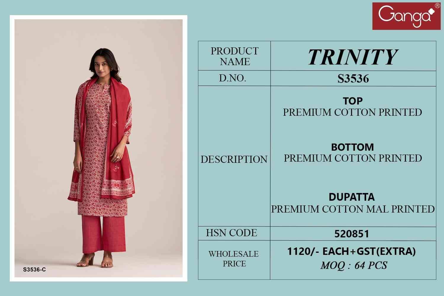 Trinity-3536 By Ganga Fashion 3536-A To 3536-D Series Beautiful Festive Suits Colorful Stylish Fancy Casual Wear & Ethnic Wear Pure Cotton Dresses At Wholesale Price