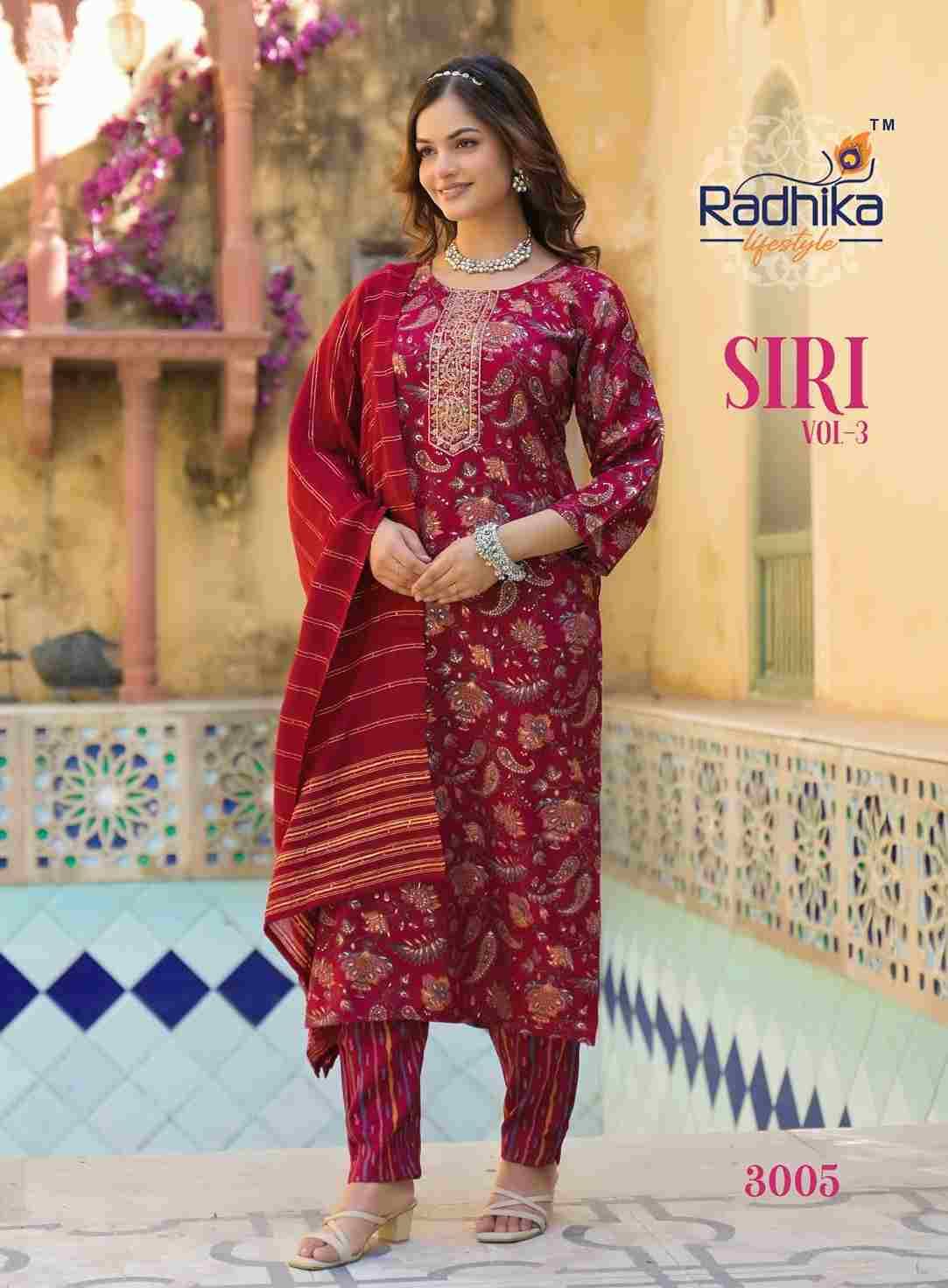 Siri Vol-3 By Radhika Lifestyle 3001 To 3008 Series Beautiful Festive Suits Colorful Stylish Fancy Casual Wear & Ethnic Wear Rayon Print With Work Dresses At Wholesale Price
