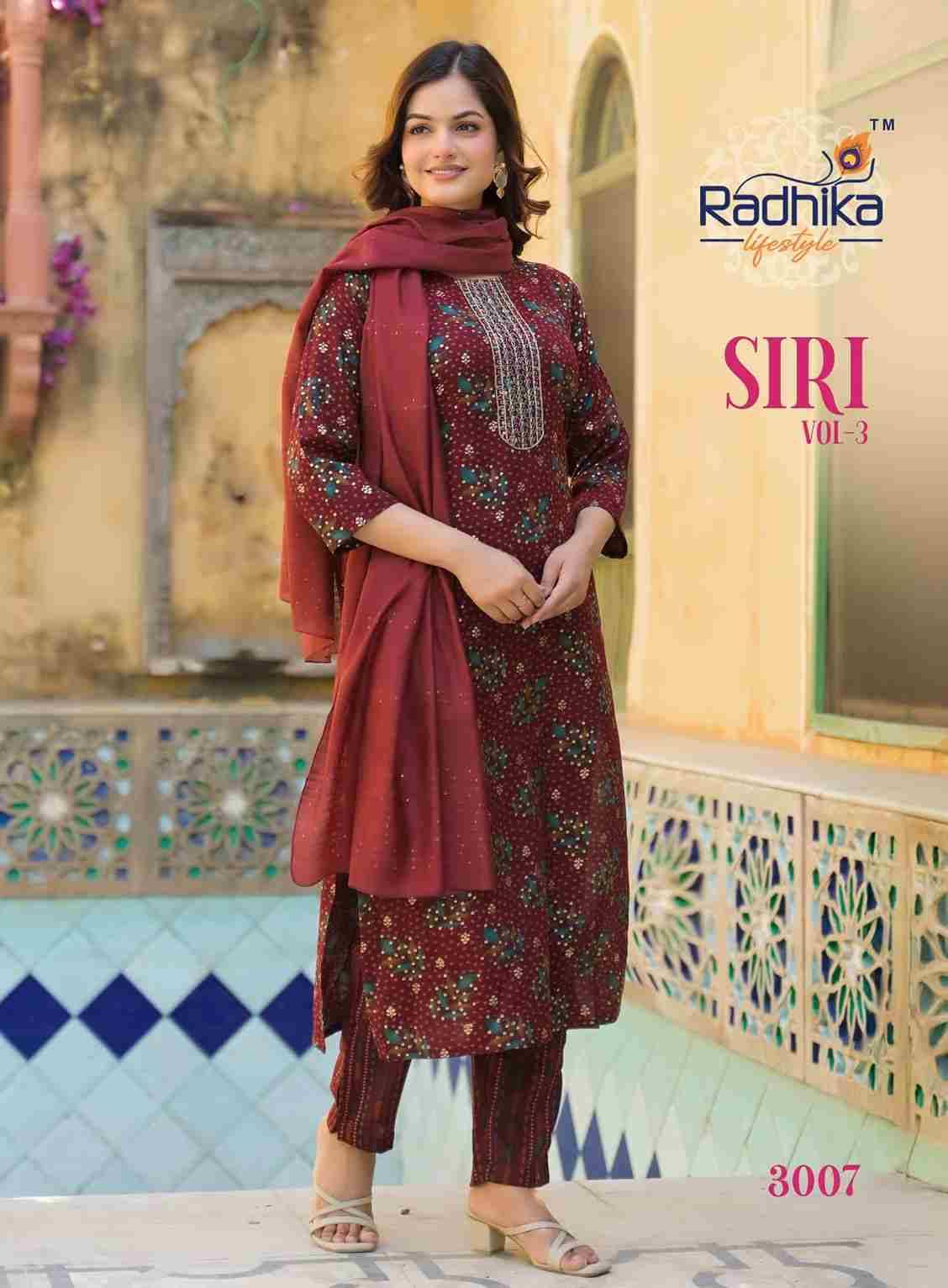 Siri Vol-3 By Radhika Lifestyle 3001 To 3008 Series Beautiful Festive Suits Colorful Stylish Fancy Casual Wear & Ethnic Wear Rayon Print With Work Dresses At Wholesale Price