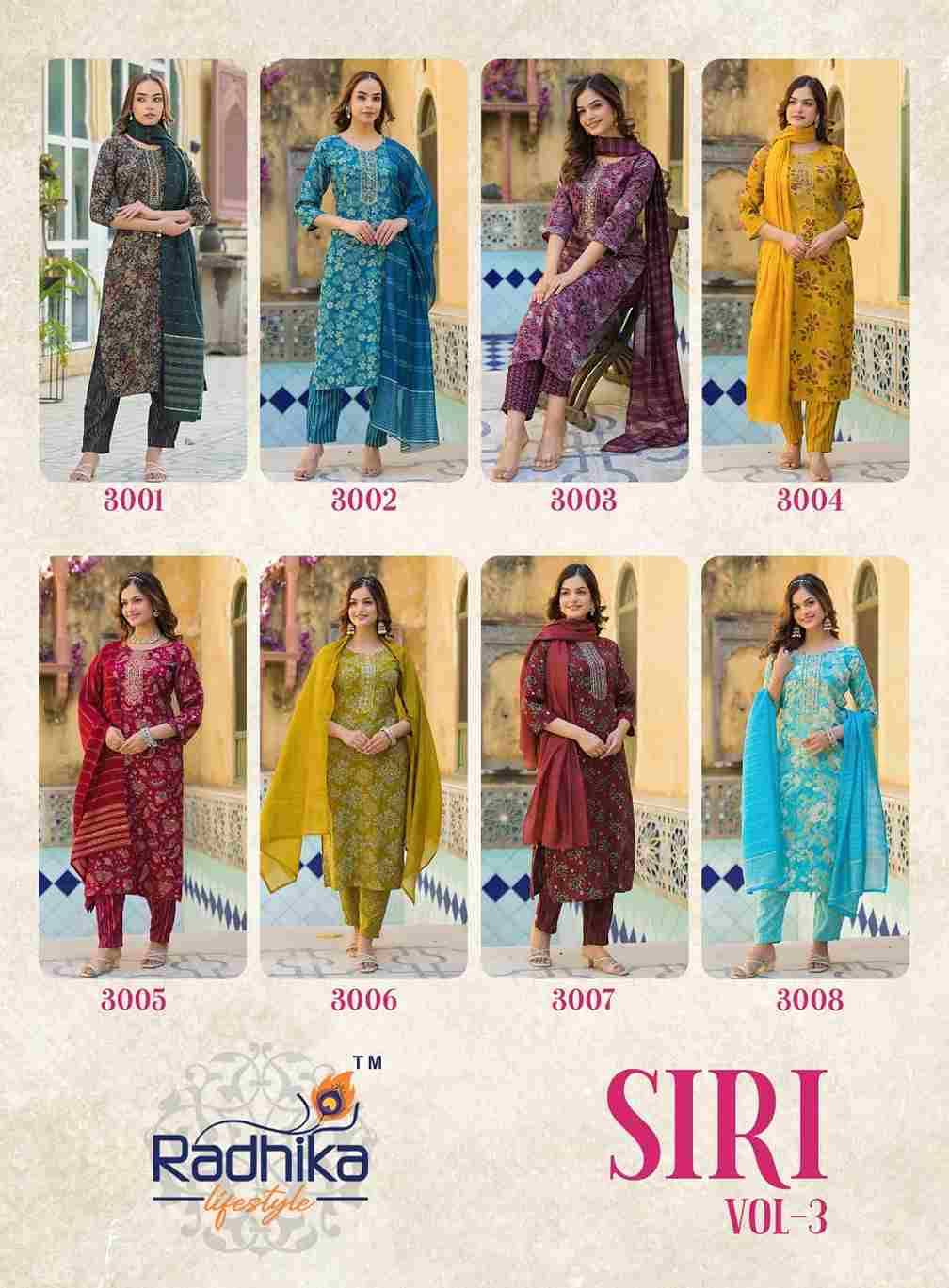 Siri Vol-3 By Radhika Lifestyle 3001 To 3008 Series Beautiful Festive Suits Colorful Stylish Fancy Casual Wear & Ethnic Wear Rayon Print With Work Dresses At Wholesale Price