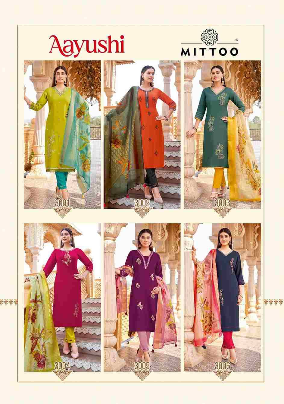 Aayushi By Mittoo 3001 To 3006 Series Designer Festive Suits Beautiful Stylish Fancy Colorful Party Wear & Occasional Wear Viscose Silk Dresses At Wholesale Price