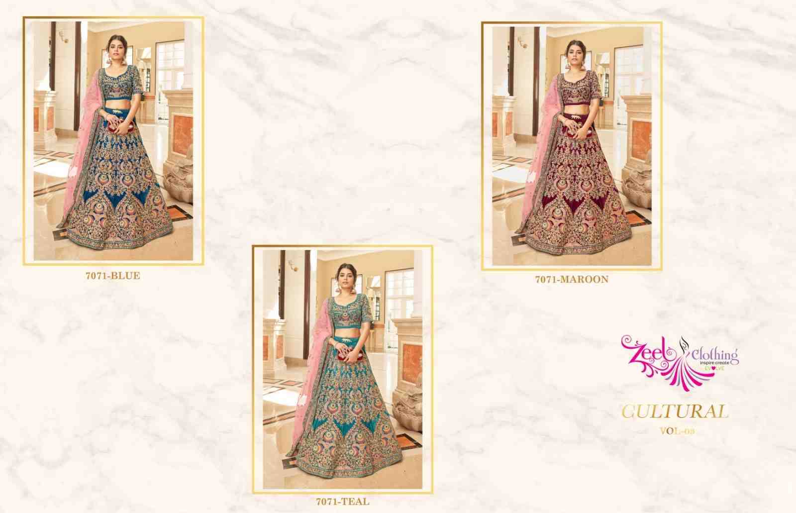 Cultural Vol-3 By Zeel Clothing 7071-A To 7071-C Series Festive Wear Collection Beautiful Stylish Colorful Fancy Party Wear & Occasional Wear Velvet Lehengas At Wholesale Price