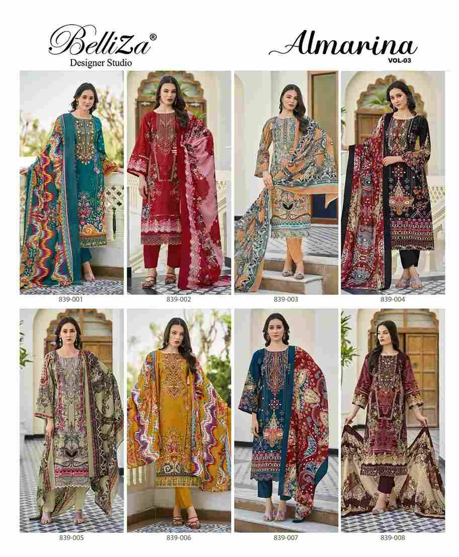 Almarina Vol-3 By Belliza 839-001 To 839-008 Series Beautiful Suits Colorful Stylish Fancy Casual Wear & Ethnic Wear Pure Cotton Dresses At Wholesale Price