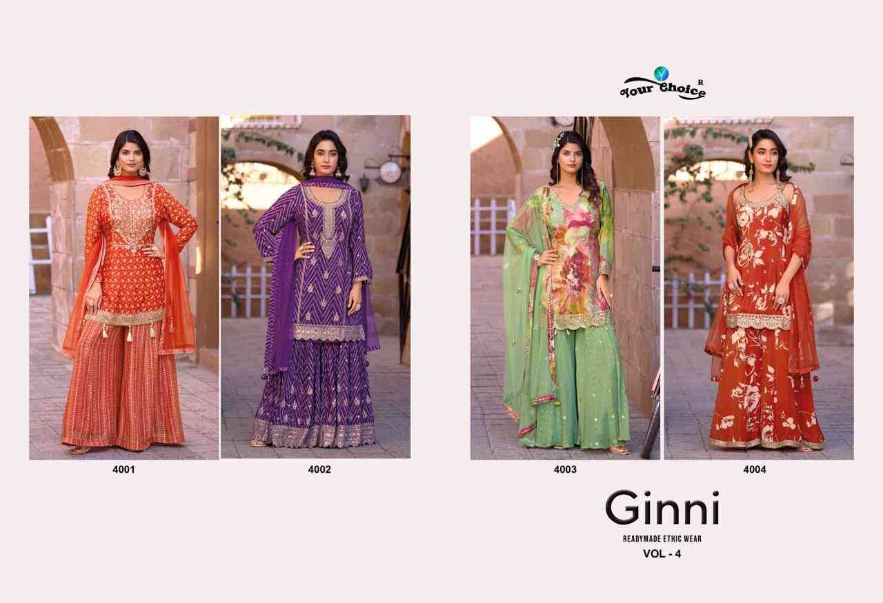 Ginni Vol-4 By Your Choice 4001 To 4004 Series Designer Sharara Suits Beautiful Fancy Colorful Stylish Party Wear & Occasional Wear Heavy Chinnon Dresses At Wholesale Price