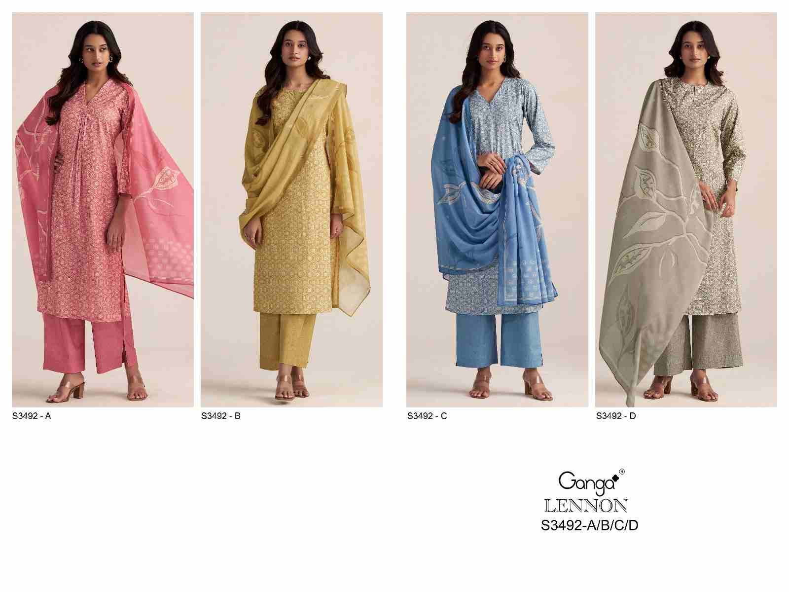 Lennon-3492 By Ganga Fashion 3492-A To 3492-D Series Beautiful Festive Suits Colorful Stylish Fancy Casual Wear & Ethnic Wear Pure Cotton Dresses At Wholesale Price