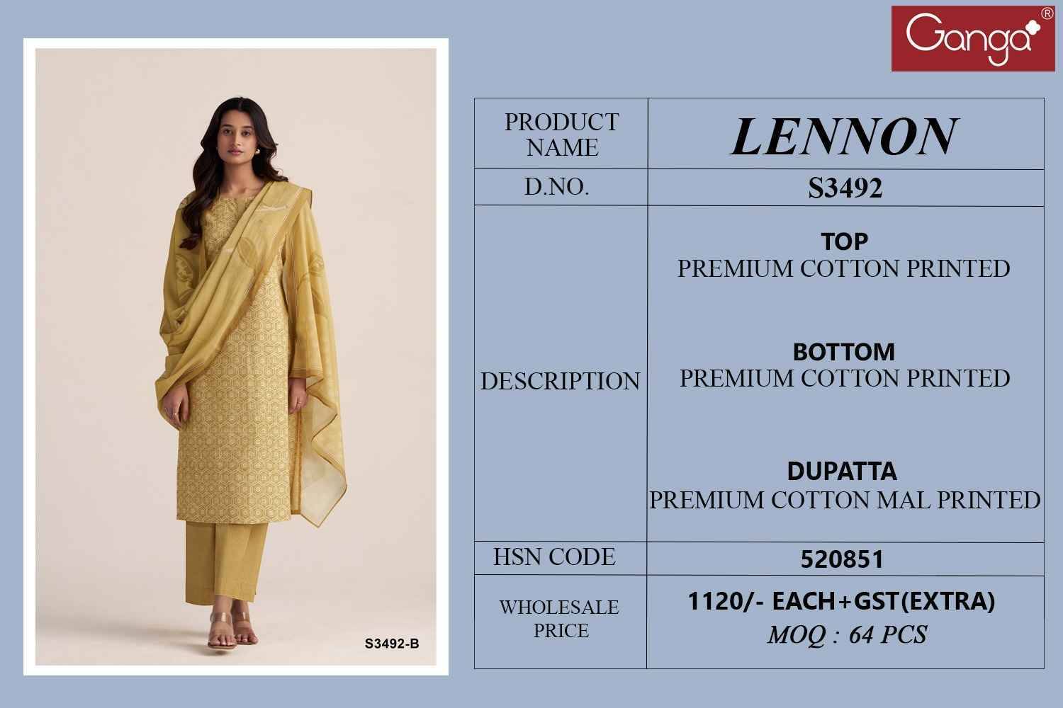 Lennon-3492 By Ganga Fashion 3492-A To 3492-D Series Beautiful Festive Suits Colorful Stylish Fancy Casual Wear & Ethnic Wear Pure Cotton Dresses At Wholesale Price