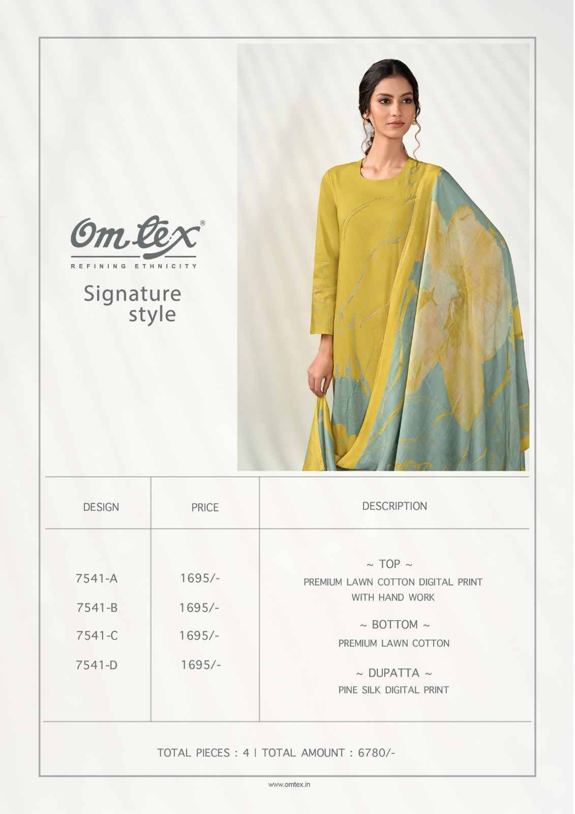 Signature Style By Om Tex 7541-A To 7541-D Series Beautiful Suits Stylish Fancy Colorful Party Wear & Ethnic Wear Lawn Cotton Dresses At Wholesale Price
