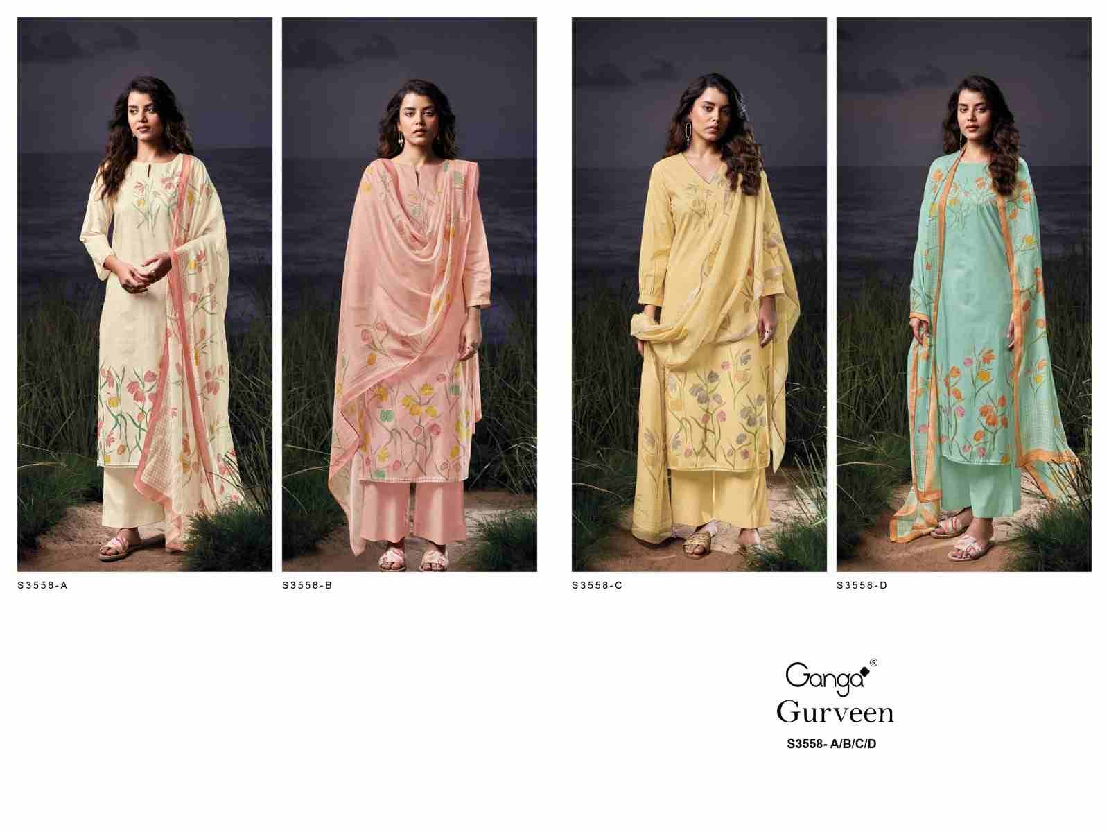 Gurveen-3558 By Ganga Fashion 3558-A To 3558-D Series Beautiful Festive Suits Colorful Stylish Fancy Casual Wear & Ethnic Wear Pure Cotton Dresses At Wholesale Price