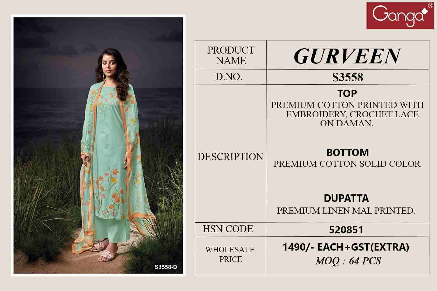 Gurveen-3558 By Ganga Fashion 3558-A To 3558-D Series Beautiful Festive Suits Colorful Stylish Fancy Casual Wear & Ethnic Wear Pure Cotton Dresses At Wholesale Price