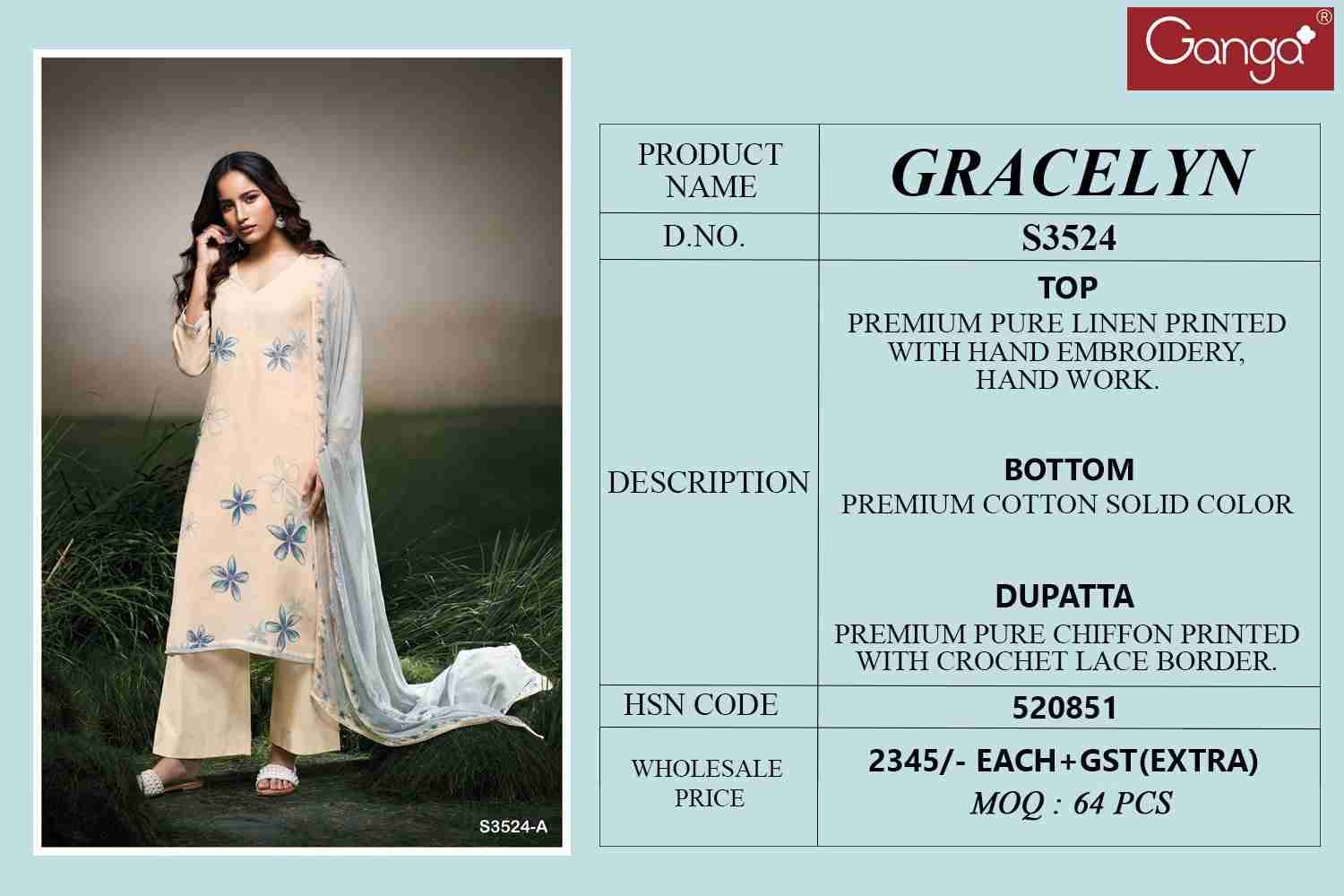 Gracelyn-3524 By Ganga Fashion 3524-A To 3524-D Series Beautiful Festive Suits Colorful Stylish Fancy Casual Wear & Ethnic Wear Pure Linen Dresses At Wholesale Price