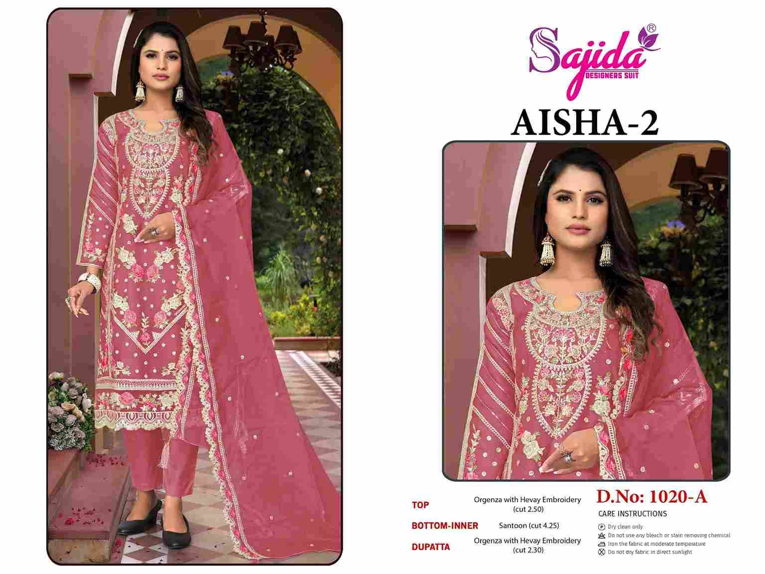 Aisha Vol-2 By Sajida Designer Suits 1020-A To 1020-D Series Beautiful Pakistani Suits Colorful Stylish Fancy Casual Wear & Ethnic Wear Organza Embroidered Dresses At Wholesale Price