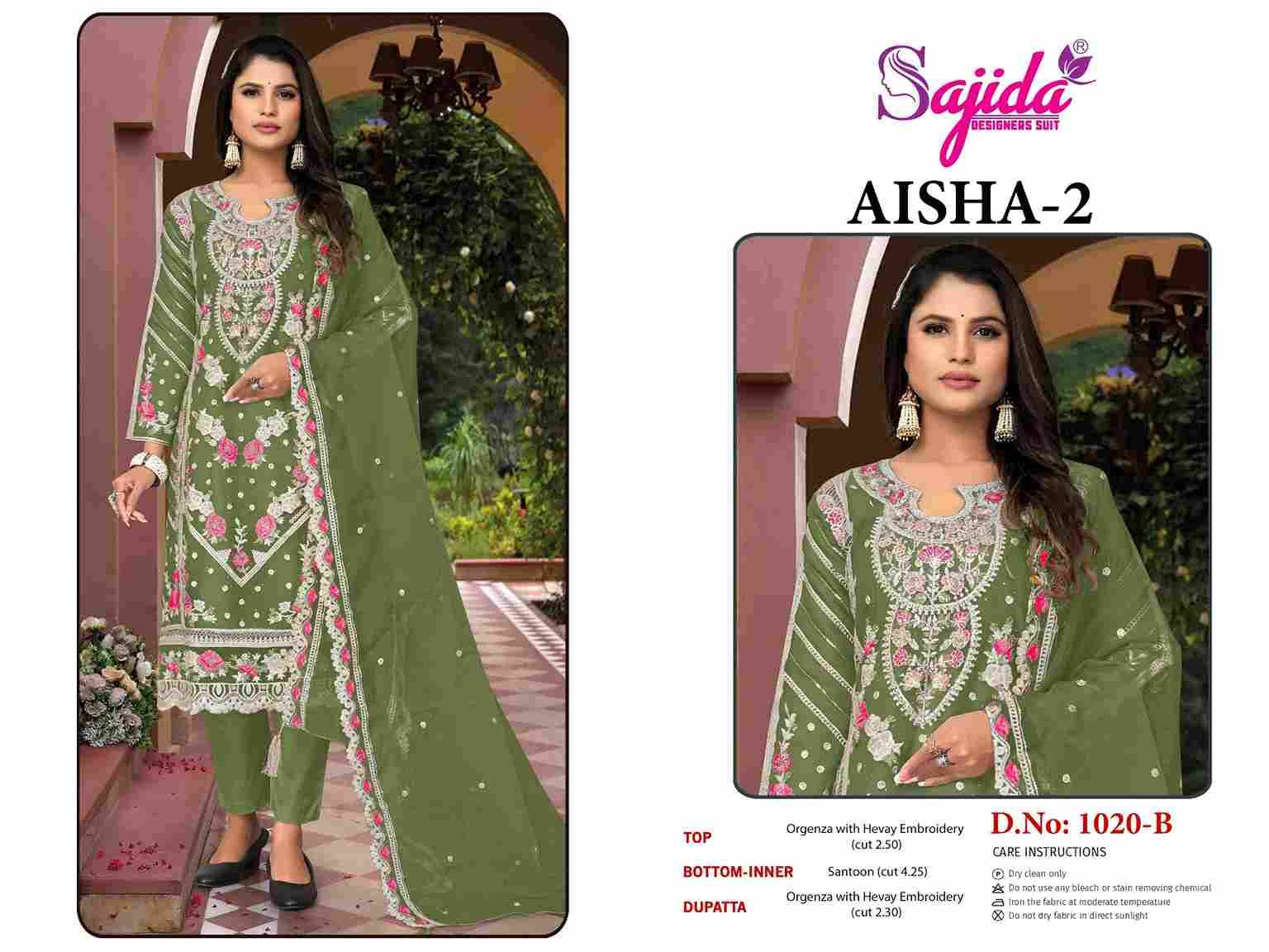 Aisha Vol-2 By Sajida Designer Suits 1020-A To 1020-D Series Beautiful Pakistani Suits Colorful Stylish Fancy Casual Wear & Ethnic Wear Organza Embroidered Dresses At Wholesale Price