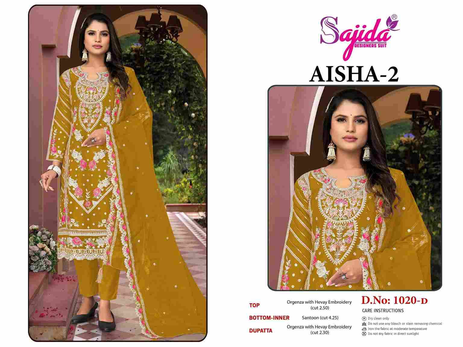 Aisha Vol-2 By Sajida Designer Suits 1020-A To 1020-D Series Beautiful Pakistani Suits Colorful Stylish Fancy Casual Wear & Ethnic Wear Organza Embroidered Dresses At Wholesale Price