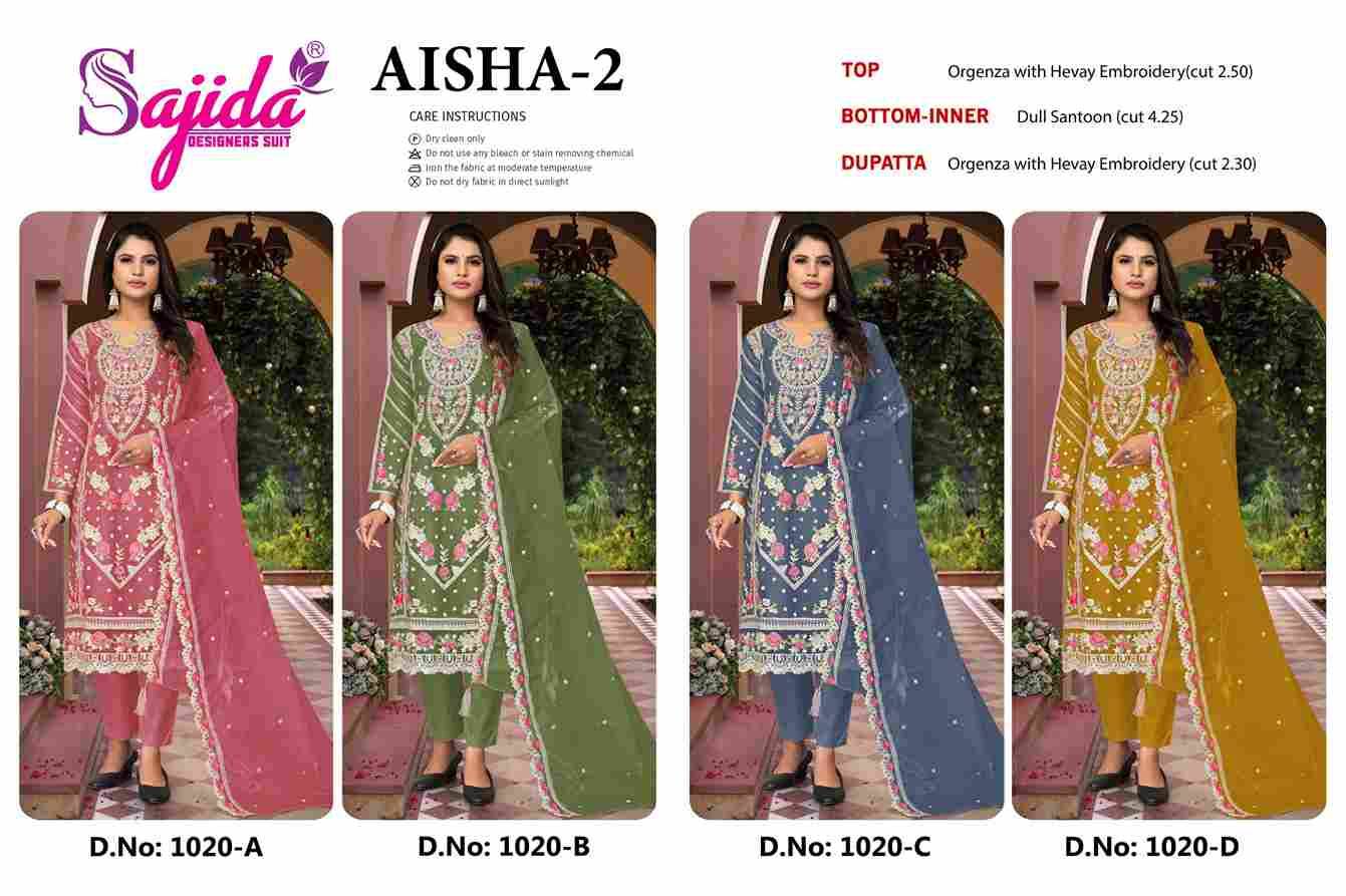 Aisha Vol-2 By Sajida Designer Suits 1020-A To 1020-D Series Beautiful Pakistani Suits Colorful Stylish Fancy Casual Wear & Ethnic Wear Organza Embroidered Dresses At Wholesale Price