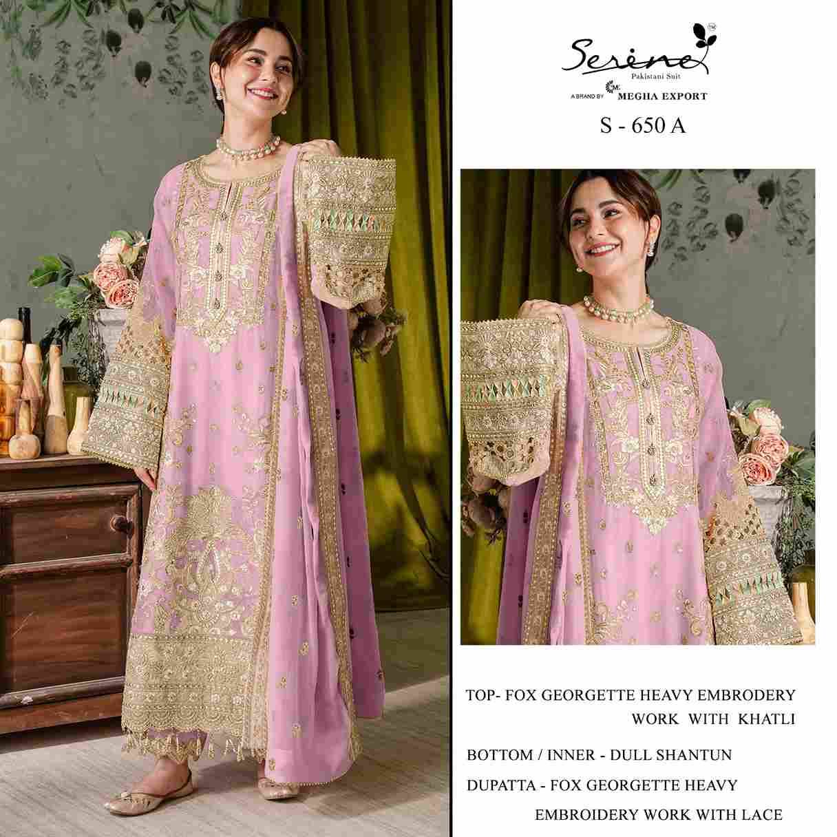 Serene Hit Design S-650 Colours By Serene S-650-A To S-650-D Series Designer Pakistani Suits Beautiful Fancy Colorful Stylish Party Wear & Occasional Wear Faux Georgette Embroidered Dresses At Wholesale Price