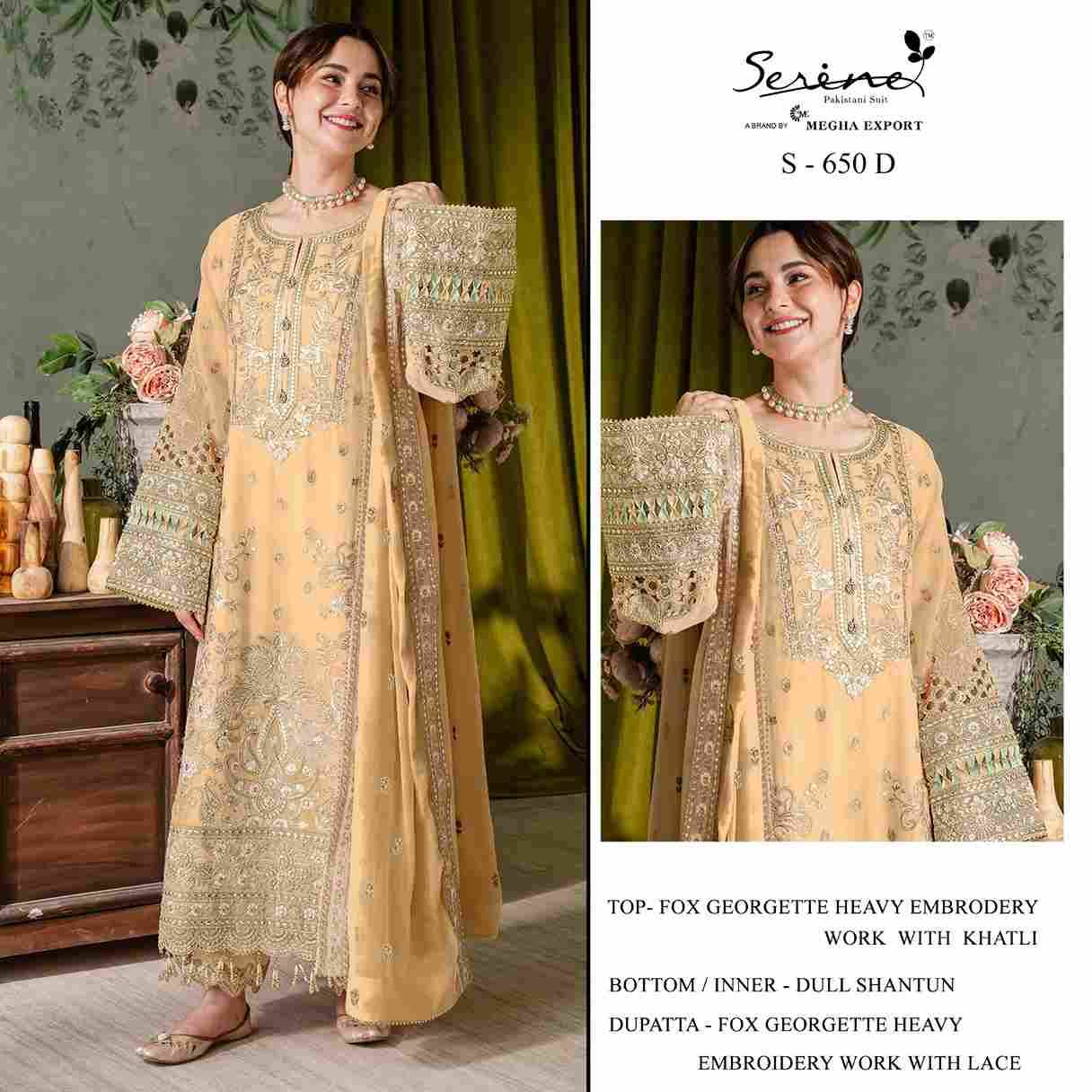 Serene Hit Design S-650 Colours By Serene S-650-A To S-650-D Series Designer Pakistani Suits Beautiful Fancy Colorful Stylish Party Wear & Occasional Wear Faux Georgette Embroidered Dresses At Wholesale Price