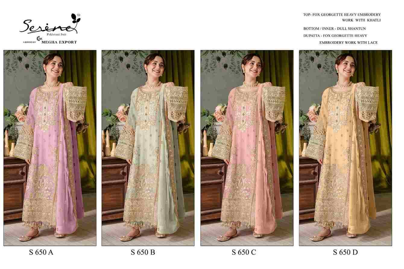 Serene Hit Design S-650 Colours By Serene S-650-A To S-650-D Series Designer Pakistani Suits Beautiful Fancy Colorful Stylish Party Wear & Occasional Wear Faux Georgette Embroidered Dresses At Wholesale Price