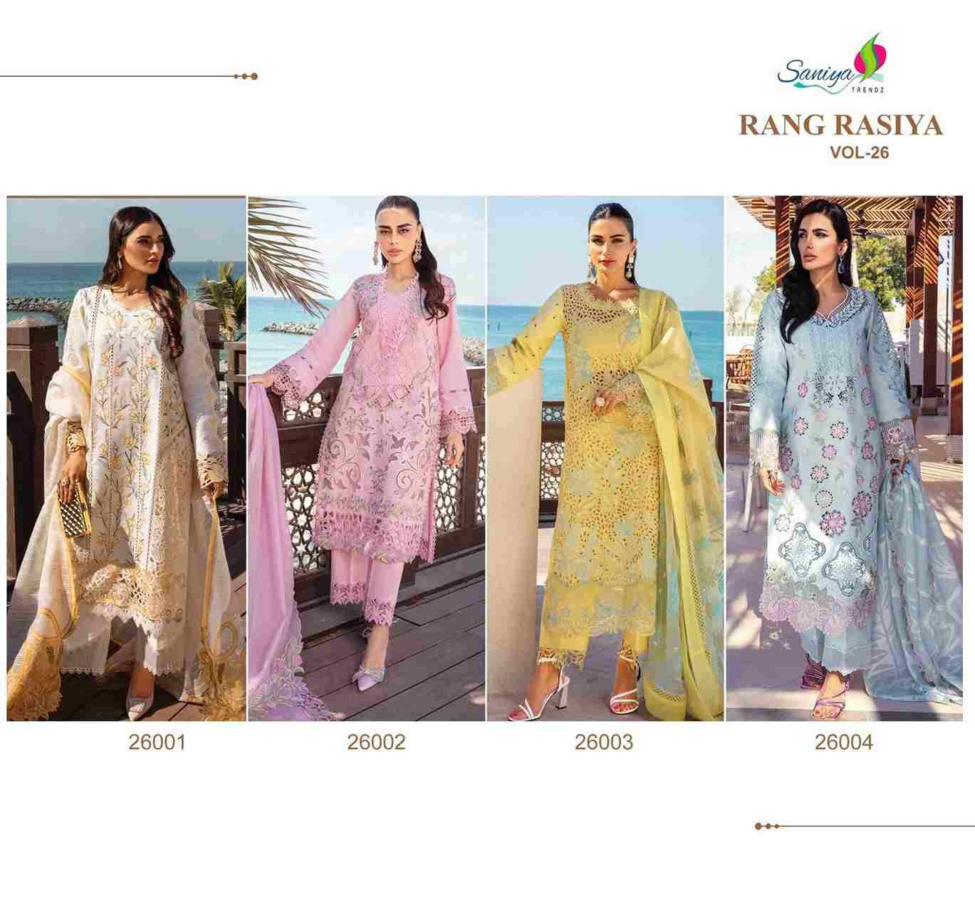 Rang Rasiya Vol-26 By Saniya Trendz 26001 To 26004 Beautiful Pakistani Suits Colorful Stylish Fancy Casual Wear & Ethnic Wear Cotton Embroidered Dresses At Wholesale Price