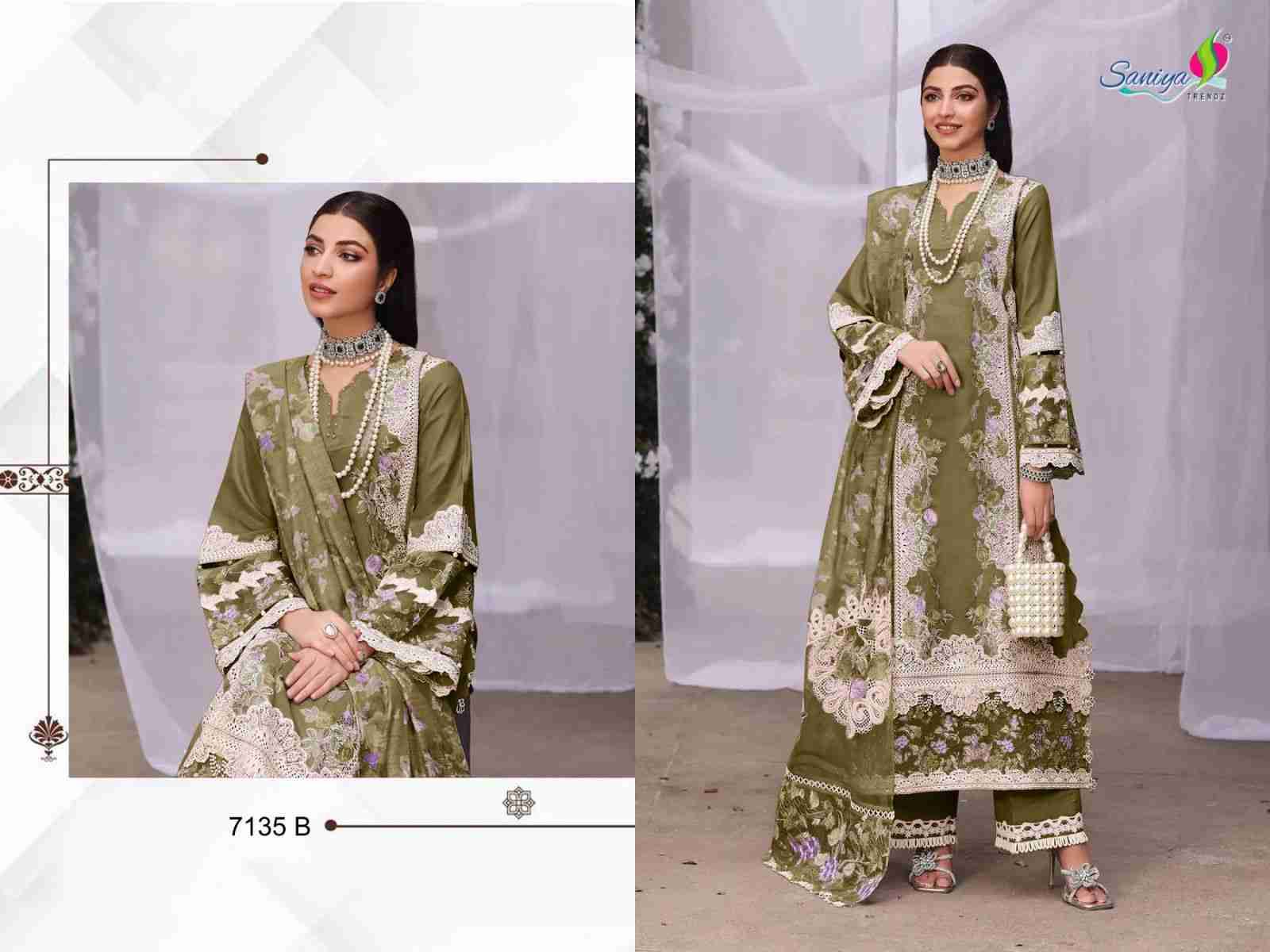 Saniya Trendz 7135 Colours By Saniya Trendz 7135-A To 7135-C Series Beautiful Pakistani Suits Colorful Stylish Fancy Casual Wear & Ethnic Wear Cotton Embroidered Dresses At Wholesale Price