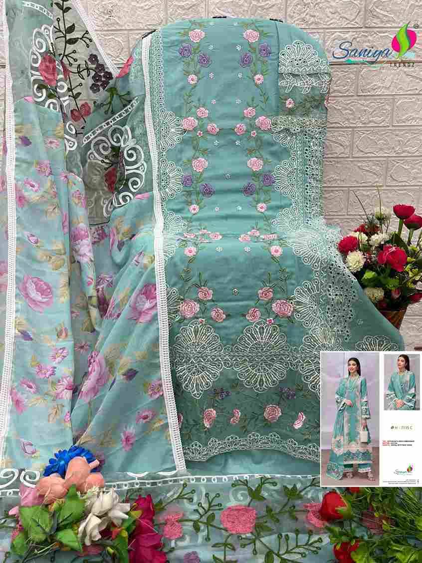 Saniya Trendz 7135 Colours By Saniya Trendz 7135-A To 7135-C Series Beautiful Pakistani Suits Colorful Stylish Fancy Casual Wear & Ethnic Wear Cotton Embroidered Dresses At Wholesale Price
