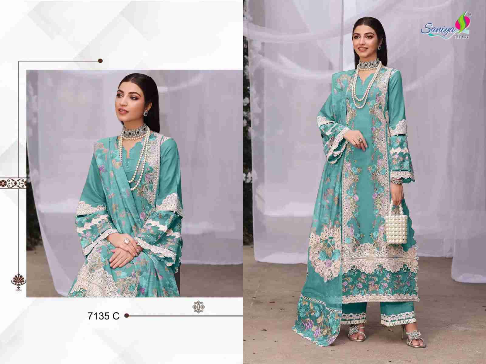 Saniya Trendz 7135 Colours By Saniya Trendz 7135-A To 7135-C Series Beautiful Pakistani Suits Colorful Stylish Fancy Casual Wear & Ethnic Wear Cotton Embroidered Dresses At Wholesale Price