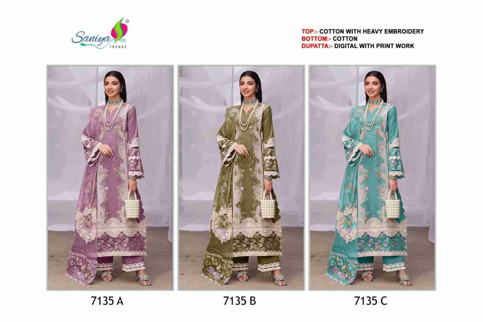 Saniya Trendz 7135 Colours By Saniya Trendz 7135-A To 7135-C Series Beautiful Pakistani Suits Colorful Stylish Fancy Casual Wear & Ethnic Wear Cotton Embroidered Dresses At Wholesale Price