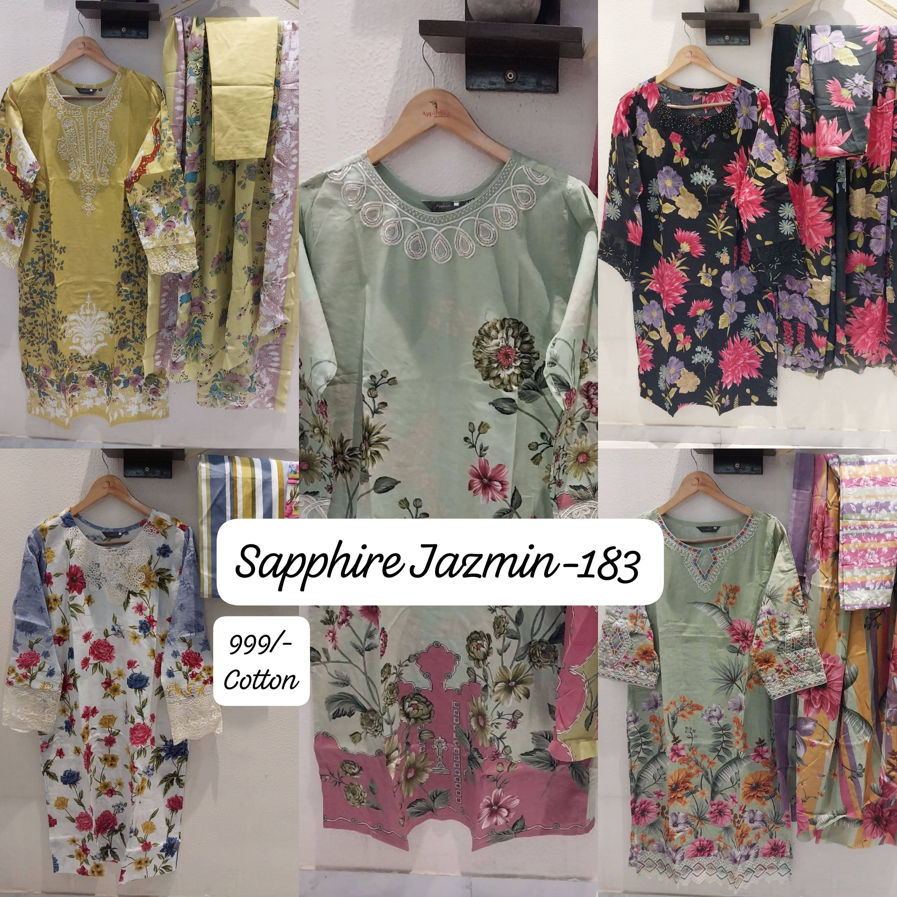 Jazmin Vol-183 By Sapphire 183-A To 183-E Series Beautiful Pakistani Suits Stylish Fancy Colorful Party Wear & Occasional Wear Pure Lawn Cotton Embroidered Dresses At Wholesale Price