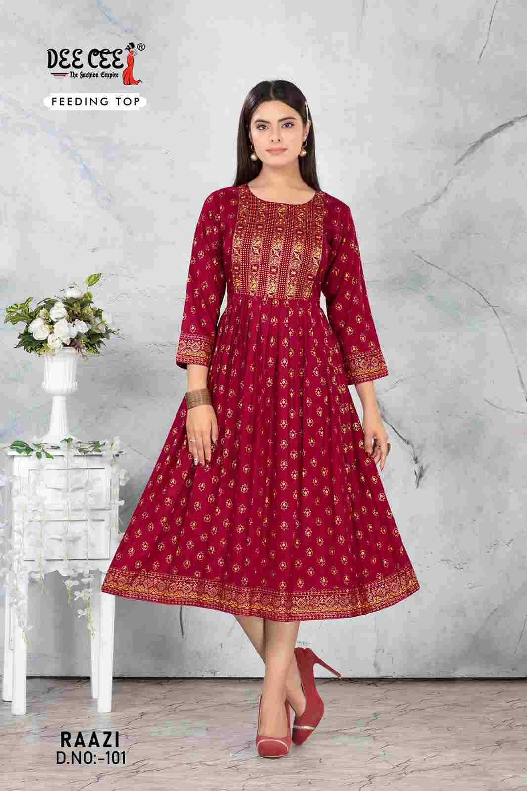 Raazi By Dee Cee 101 To 106 Series Designer Stylish Fancy Colorful Beautiful Party Wear & Ethnic Wear Collection Rayon Print Kurtis At Wholesale Price