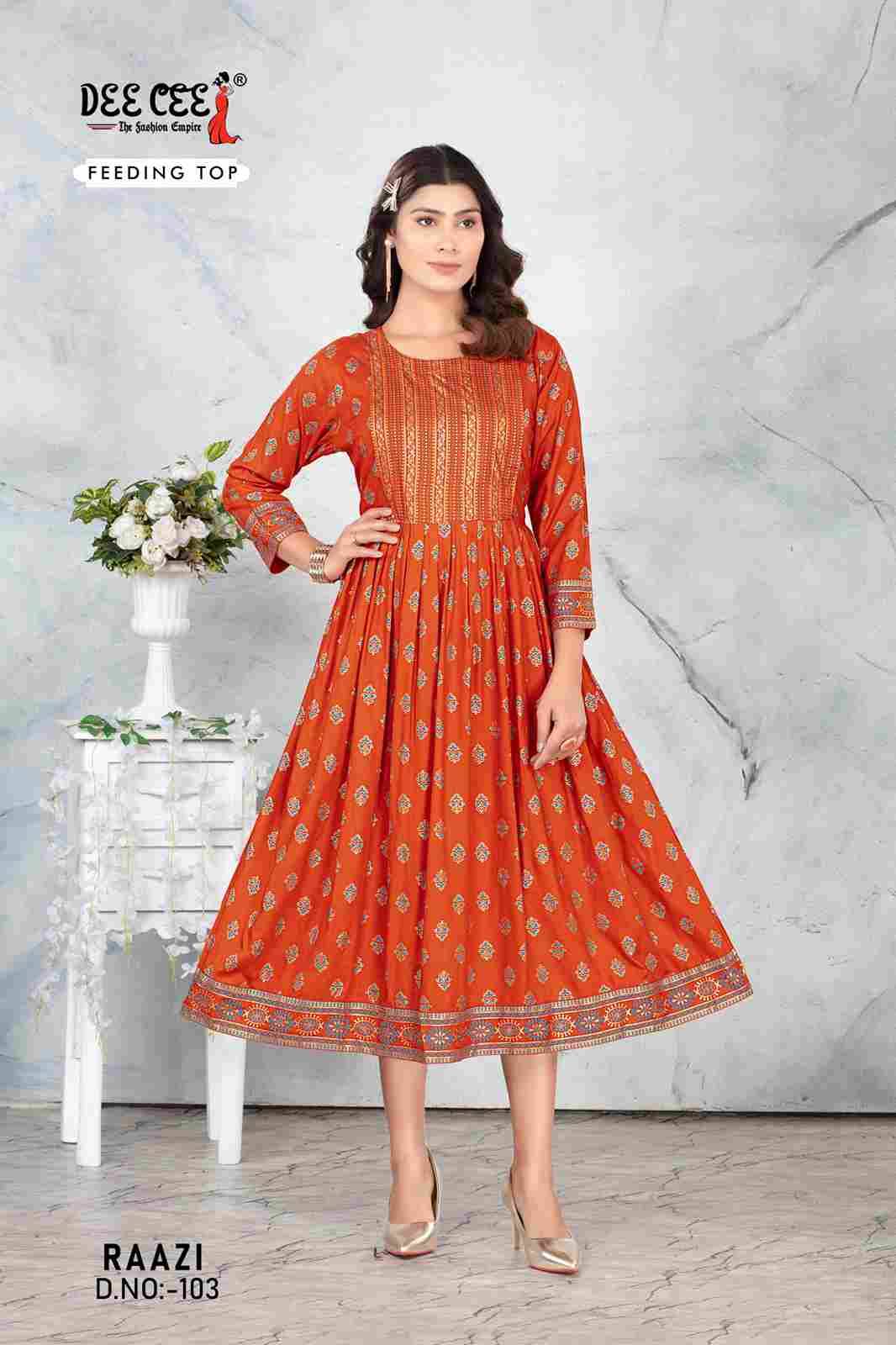 Raazi By Dee Cee 101 To 106 Series Designer Stylish Fancy Colorful Beautiful Party Wear & Ethnic Wear Collection Rayon Print Kurtis At Wholesale Price