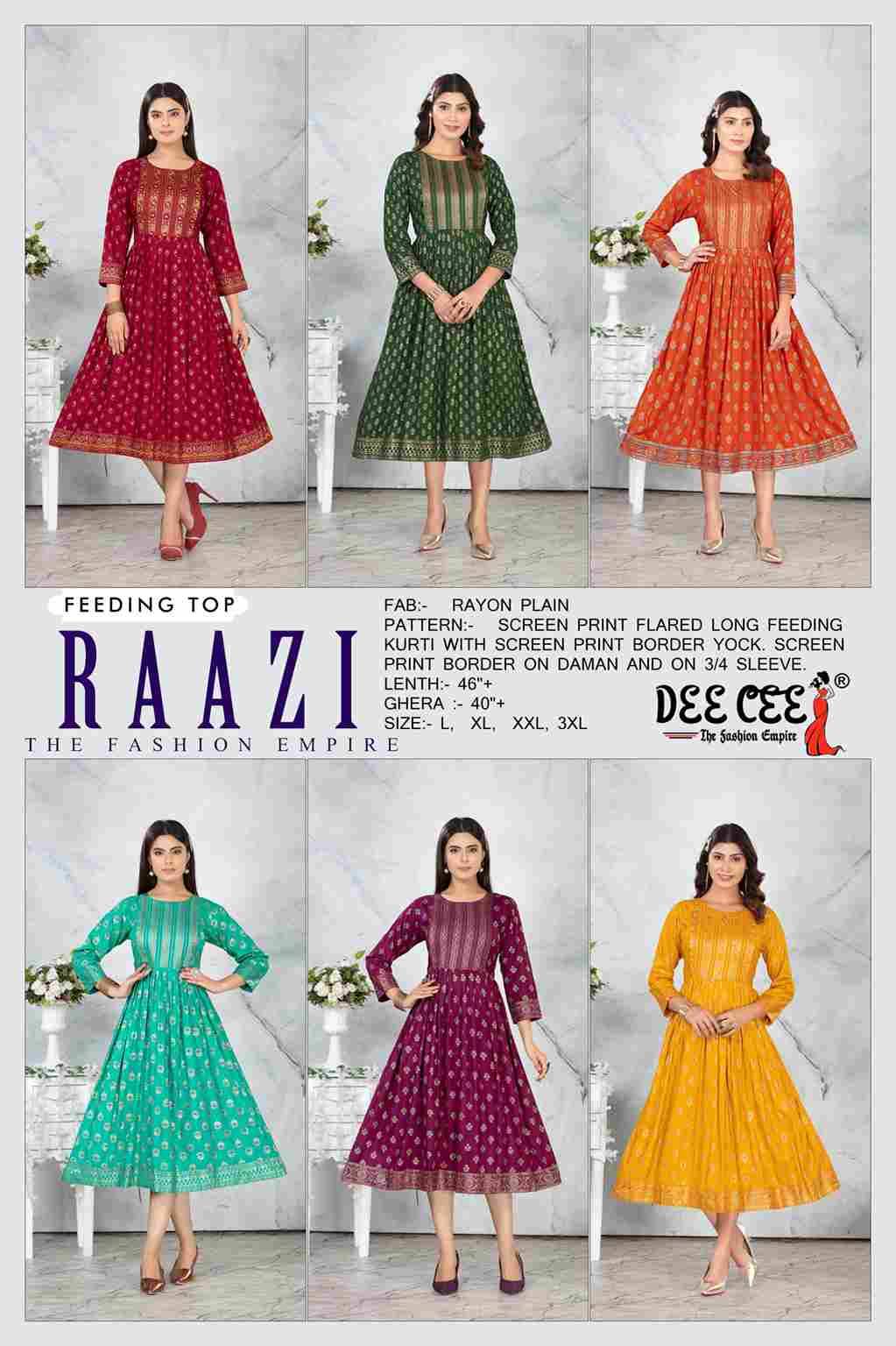 Raazi By Dee Cee 101 To 106 Series Designer Stylish Fancy Colorful Beautiful Party Wear & Ethnic Wear Collection Rayon Print Kurtis At Wholesale Price