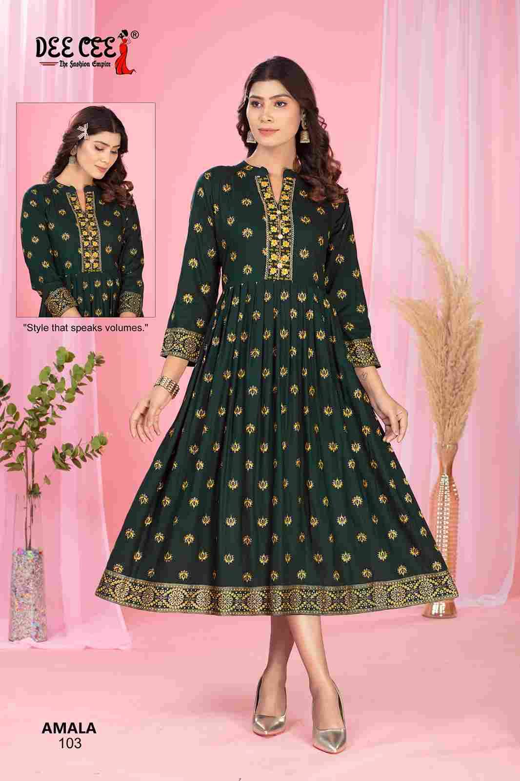 Amala By Dee Cee 101 To 106 Series Designer Stylish Fancy Colorful Beautiful Party Wear & Ethnic Wear Collection Rayon Print Kurtis At Wholesale Price
