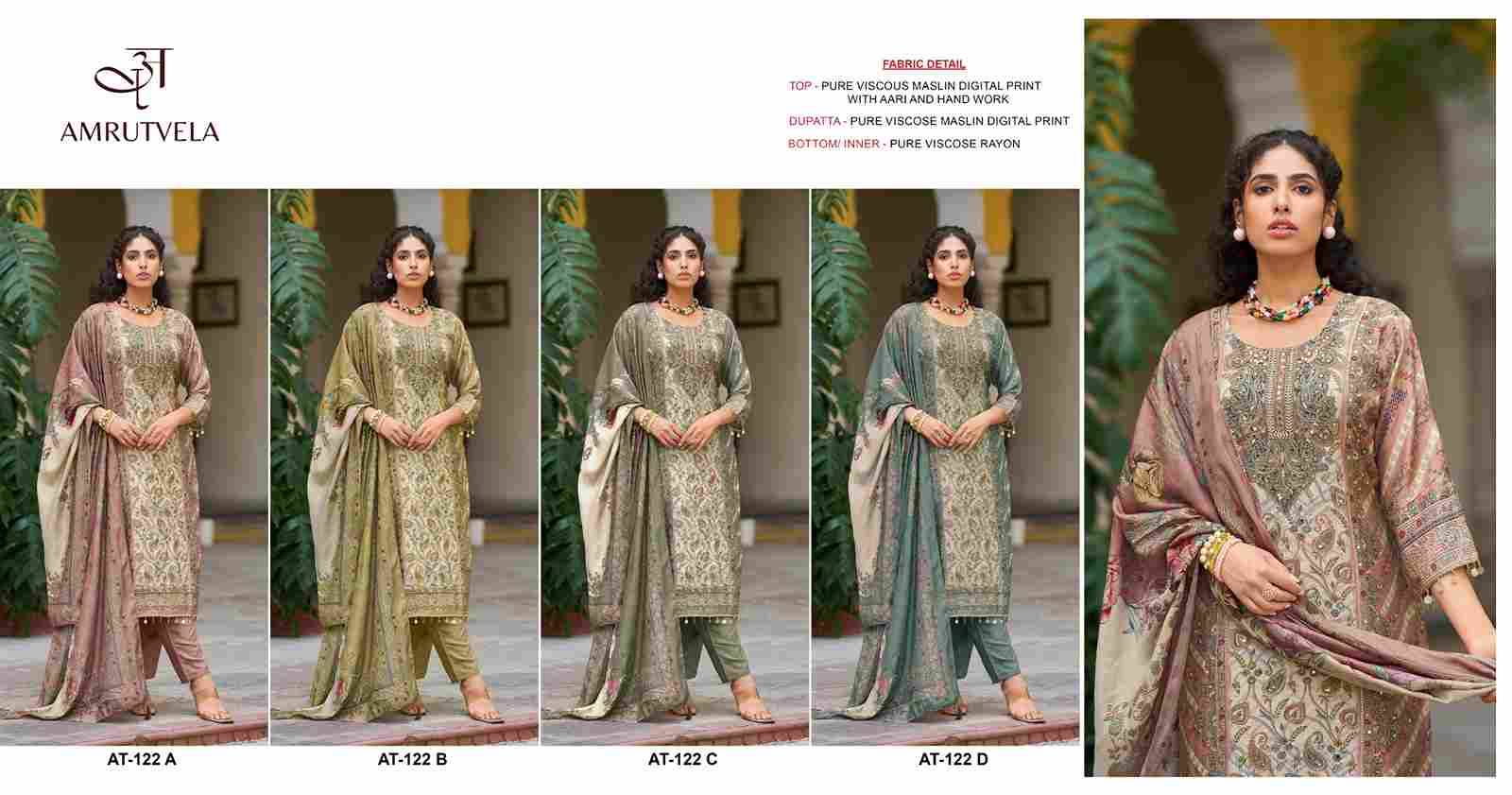 Amrutvela Hit Design AT-122 Colours By Amrutvela AT-122-A To AT-122-D Series Designer Pakistani Suits Collection Beautiful Stylish Fancy Colorful Party Wear & Occasional Wear Viscose Muslin Dresses At Wholesale Price