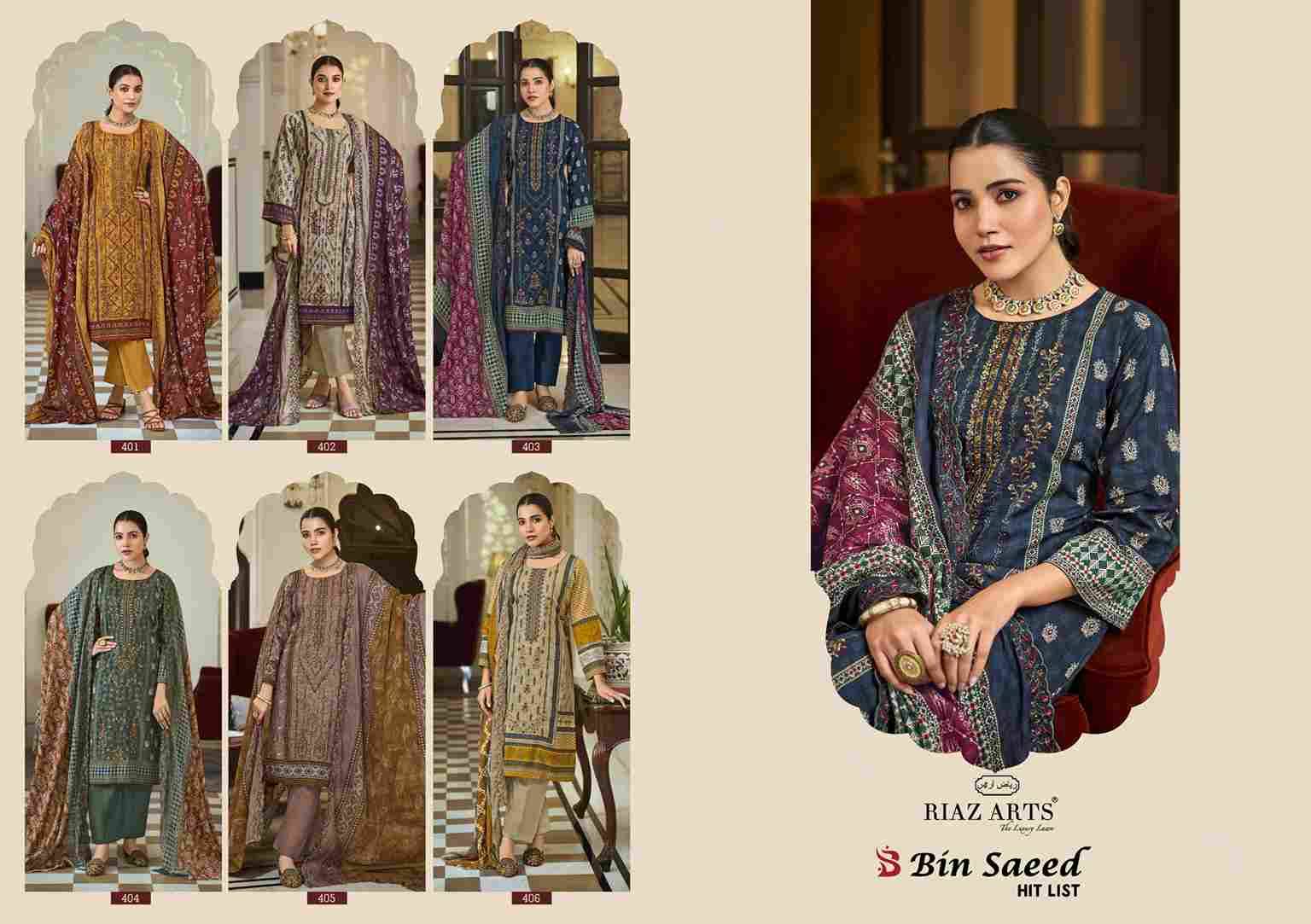 Bin Saeed Hit List By Riaz Arts 401 To 406 Series Beautiful Festive Suits Stylish Fancy Colorful Casual Wear & Ethnic Wear Pure Cotton Print Dresses At Wholesale Price