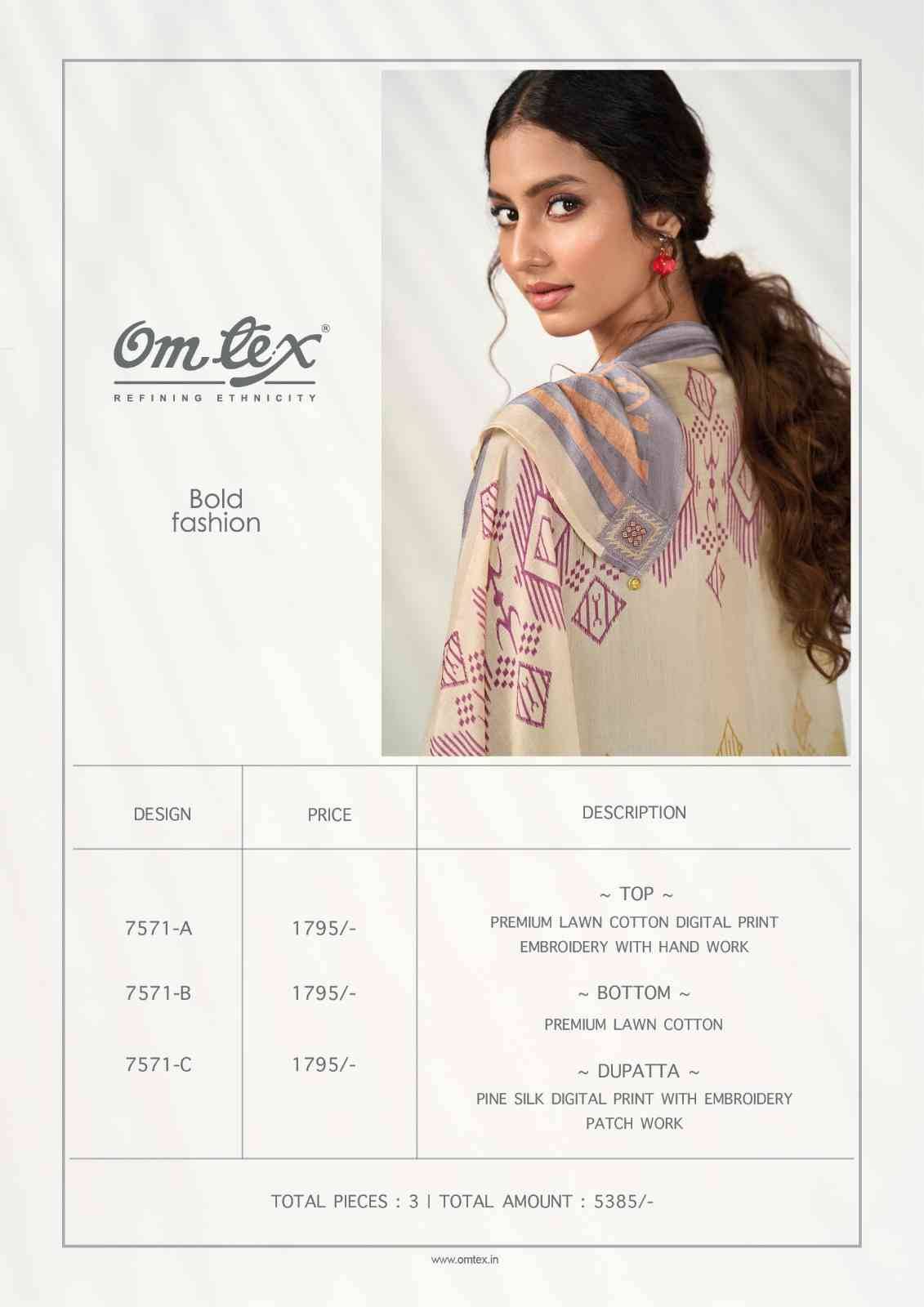 Bold Fashion By Om Tex 7571-A To 7571-C Series Beautiful Suits Stylish Fancy Colorful Party Wear & Ethnic Wear Lawn Cotton Dresses At Wholesale Price