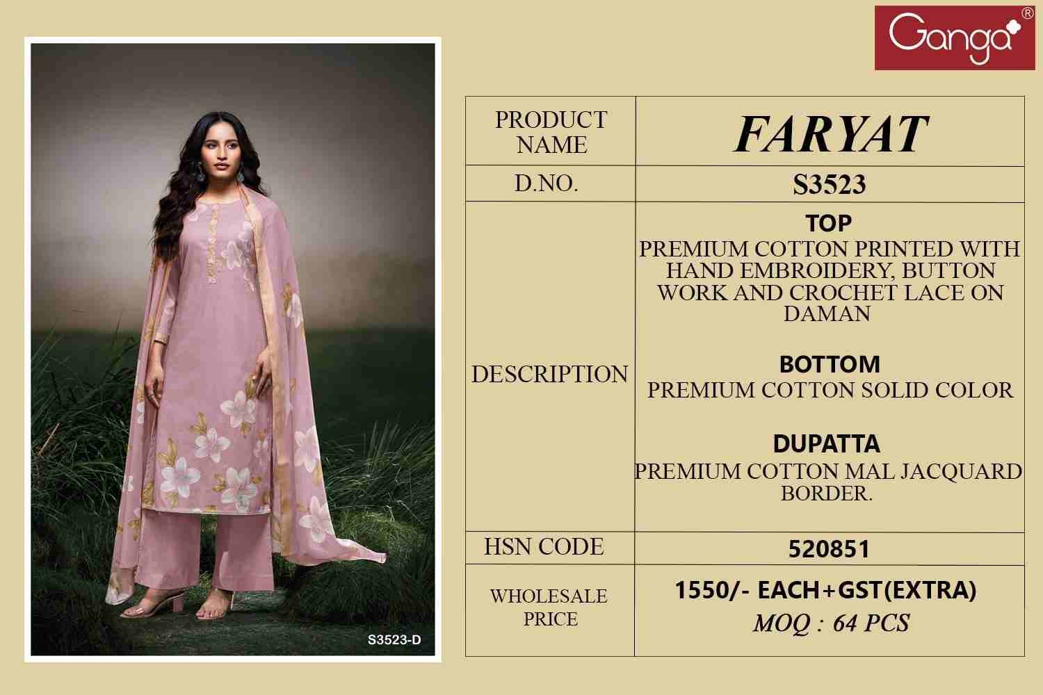 Faryat-3523 By Ganga Fashion 3523-A To 3523-D Series Beautiful Festive Suits Colorful Stylish Fancy Casual Wear & Ethnic Wear Premium Cotton Dresses At Wholesale Price