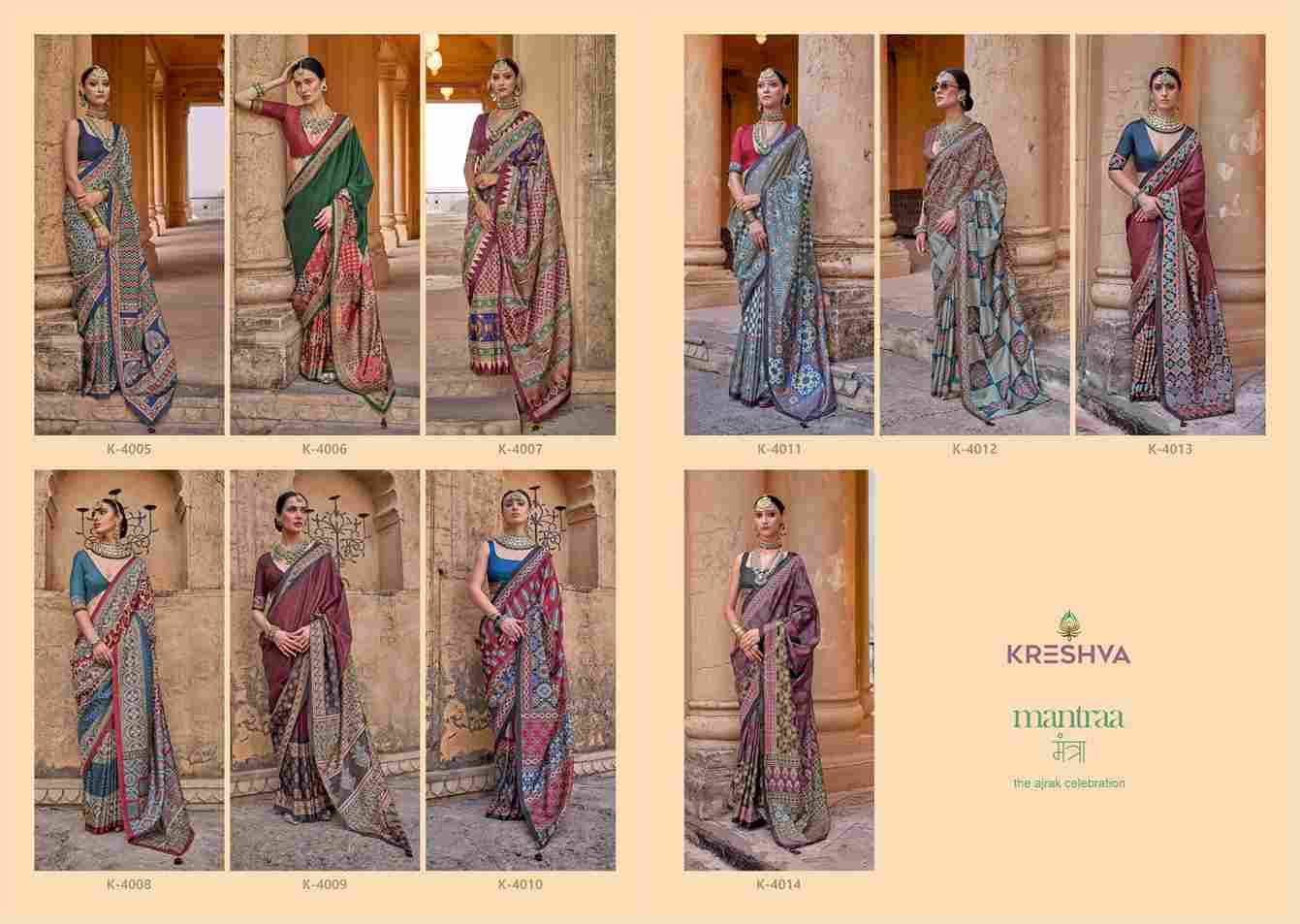 Mantraa By Kreshva 4005 To 4014 Series Indian Traditional Wear Collection Beautiful Stylish Fancy Colorful Party Wear & Occasional Wear Silk Sarees At Wholesale Price