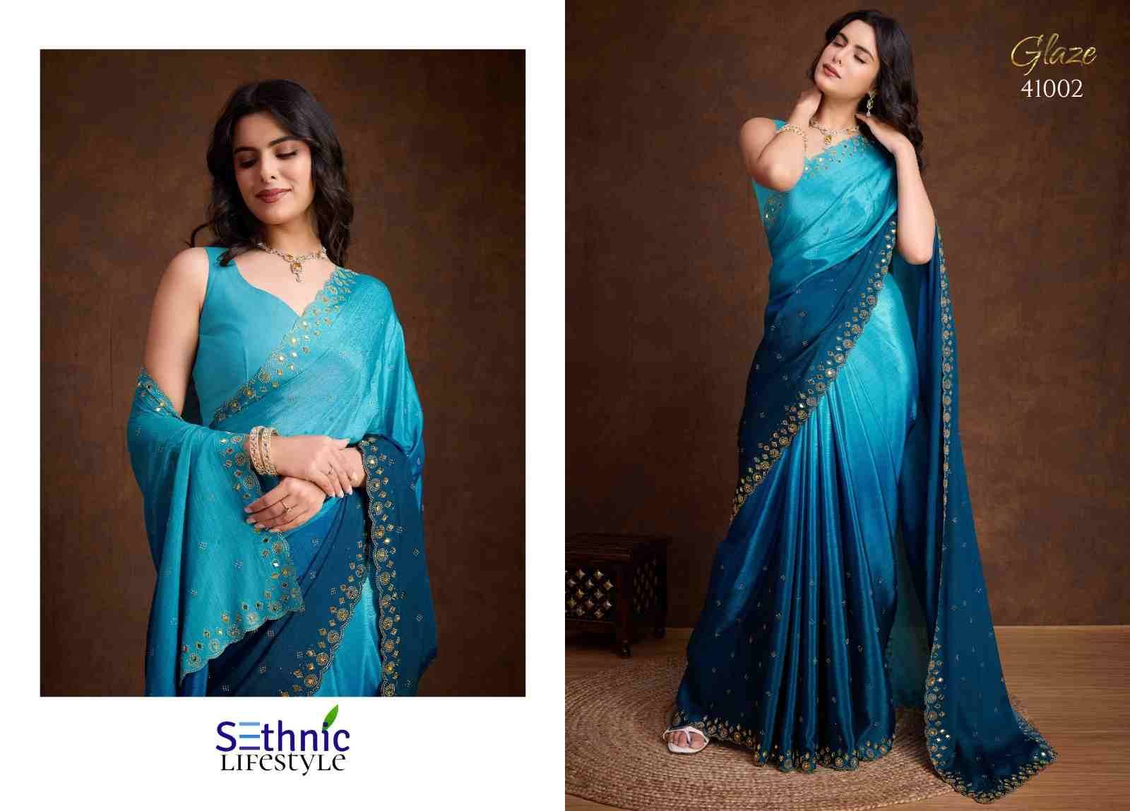 Glaze By Sethnic 41001 To 41005 Series Indian Traditional Wear Collection Beautiful Stylish Fancy Colorful Party Wear & Occasional Wear Chinnon Sarees At Wholesale Price