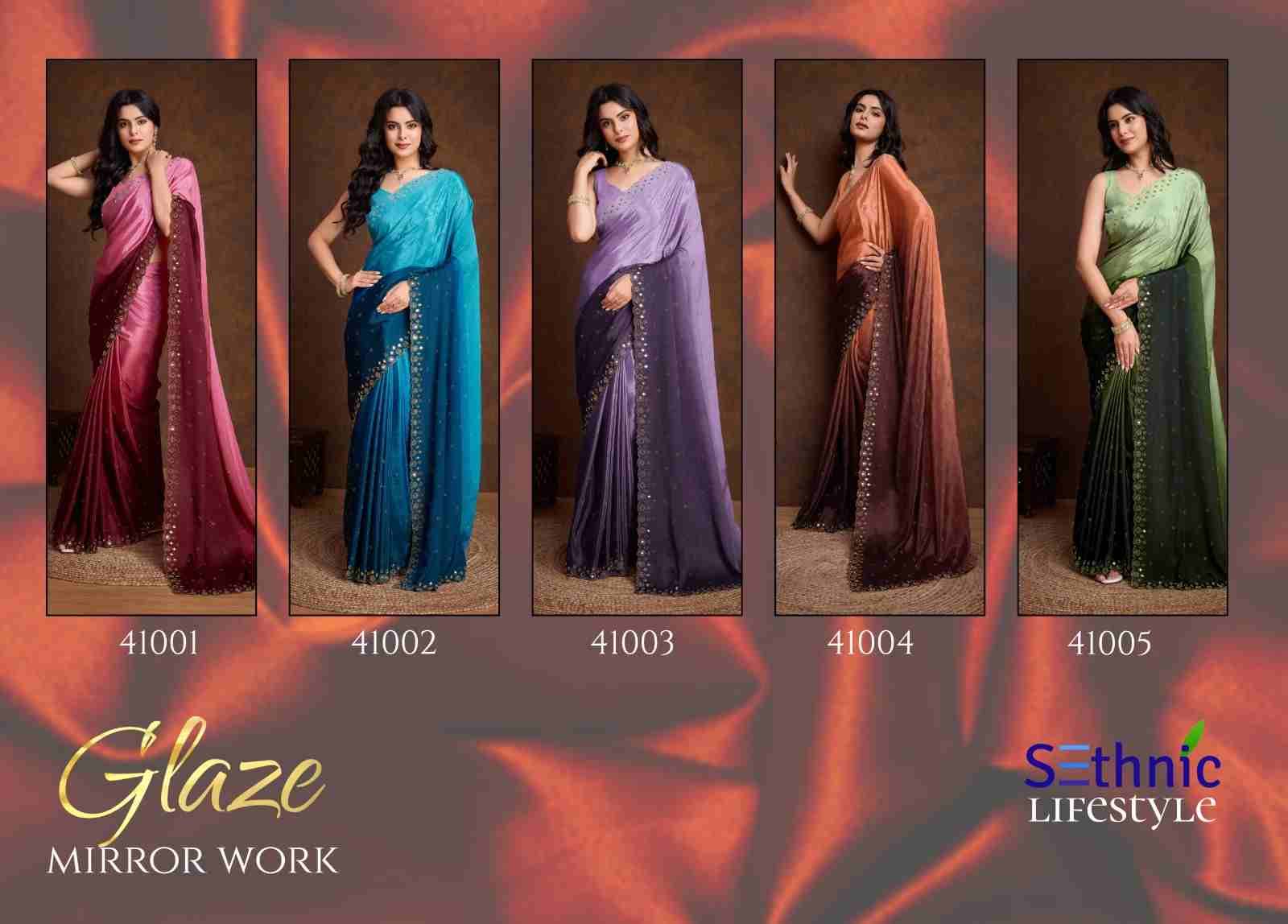 Glaze By Sethnic 41001 To 41005 Series Indian Traditional Wear Collection Beautiful Stylish Fancy Colorful Party Wear & Occasional Wear Chinnon Sarees At Wholesale Price