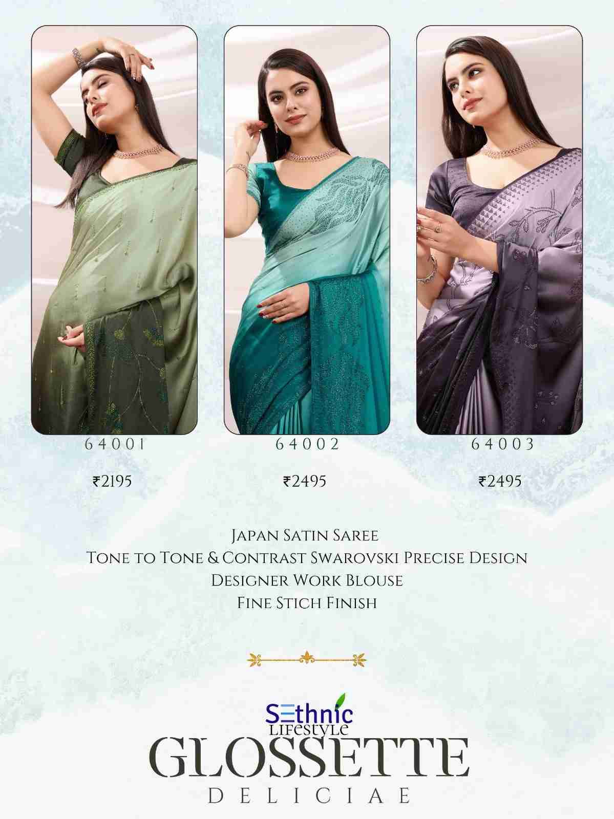 Glossette By Sethnic 64001 To 64003 Series Indian Traditional Wear Collection Beautiful Stylish Fancy Colorful Party Wear & Occasional Wear Japan Satin Sarees At Wholesale Price