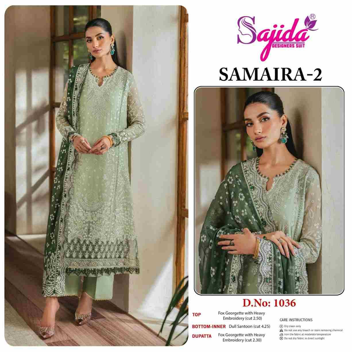 Samaira Vol-2 By Sajida Designer Suits 1036 To 1038 Series Beautiful Pakistani Suits Colorful Stylish Fancy Casual Wear & Ethnic Wear Faux Georgette Embroidered Dresses At Wholesale Price