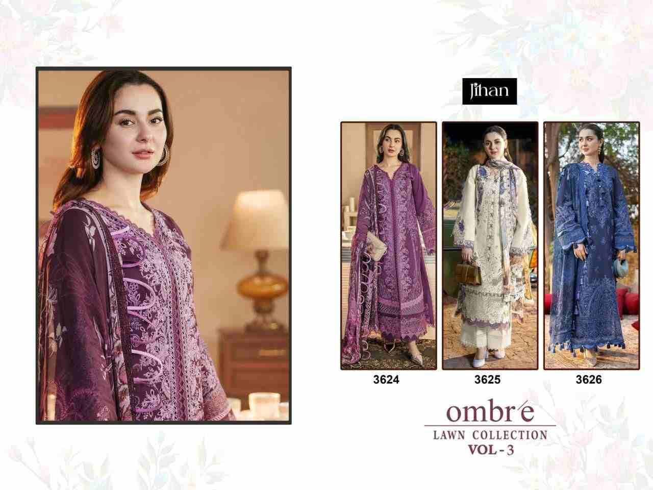 Ombre Lawn Collection Vol-3 By Jihan 3624 To 3626 Series Designer Pakistani Suits Beautiful Fancy Stylish Colorful Party Wear & Occasional Wear Cotton Dresses At Wholesale Price