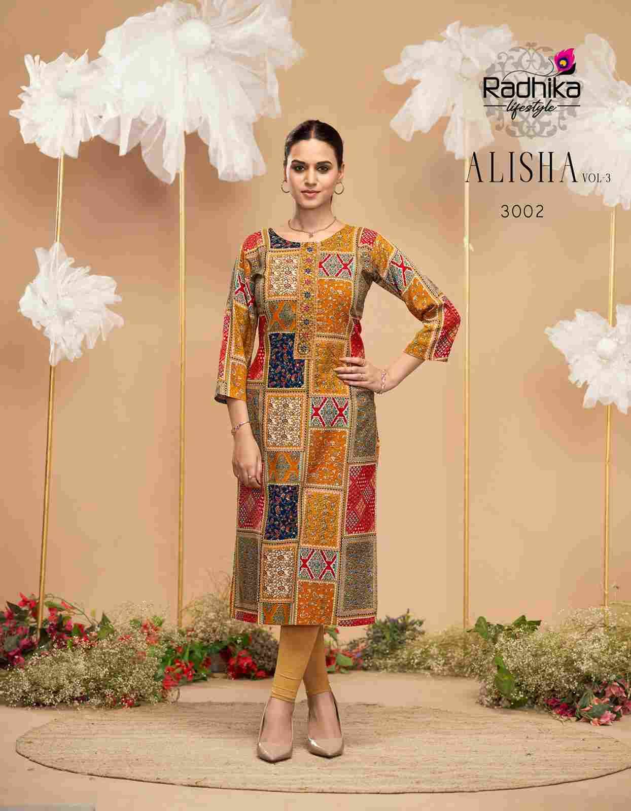 Alisha Vol-3 By Radhika Lifestyle 3001 To 3009 Series Designer Stylish Fancy Colorful Beautiful Party Wear & Ethnic Wear Collection Pure Rayon Print Kurtis At Wholesale Price