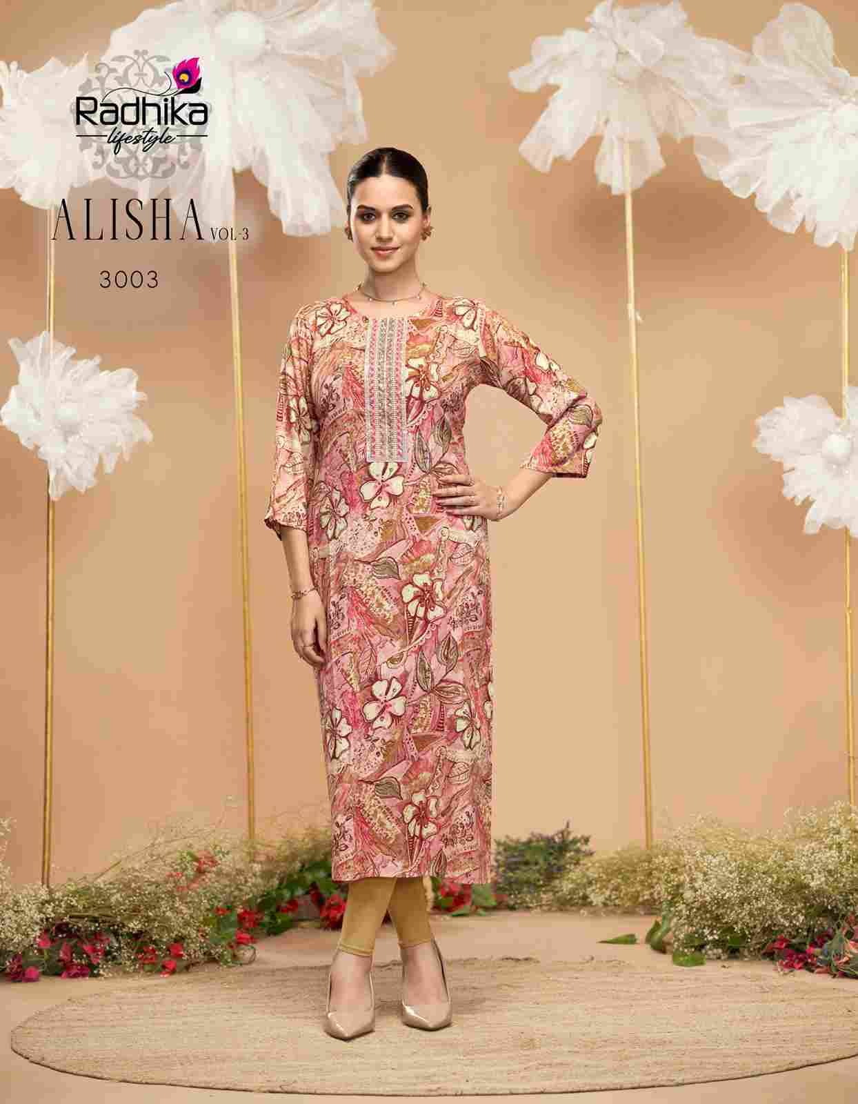 Alisha Vol-3 By Radhika Lifestyle 3001 To 3009 Series Designer Stylish Fancy Colorful Beautiful Party Wear & Ethnic Wear Collection Pure Rayon Print Kurtis At Wholesale Price