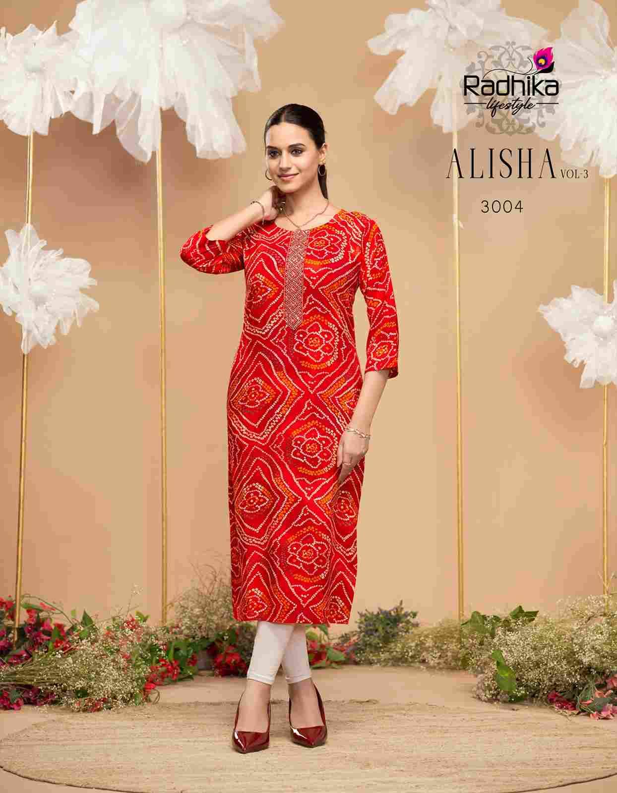 Alisha Vol-3 By Radhika Lifestyle 3001 To 3009 Series Designer Stylish Fancy Colorful Beautiful Party Wear & Ethnic Wear Collection Pure Rayon Print Kurtis At Wholesale Price