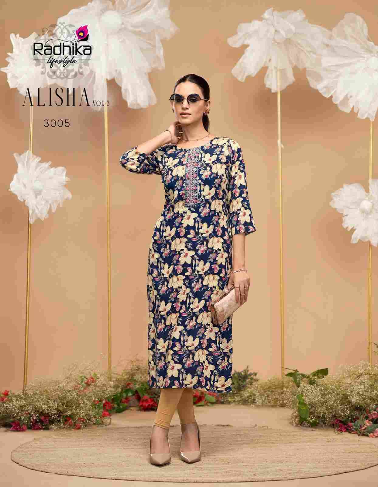 Alisha Vol-3 By Radhika Lifestyle 3001 To 3009 Series Designer Stylish Fancy Colorful Beautiful Party Wear & Ethnic Wear Collection Pure Rayon Print Kurtis At Wholesale Price