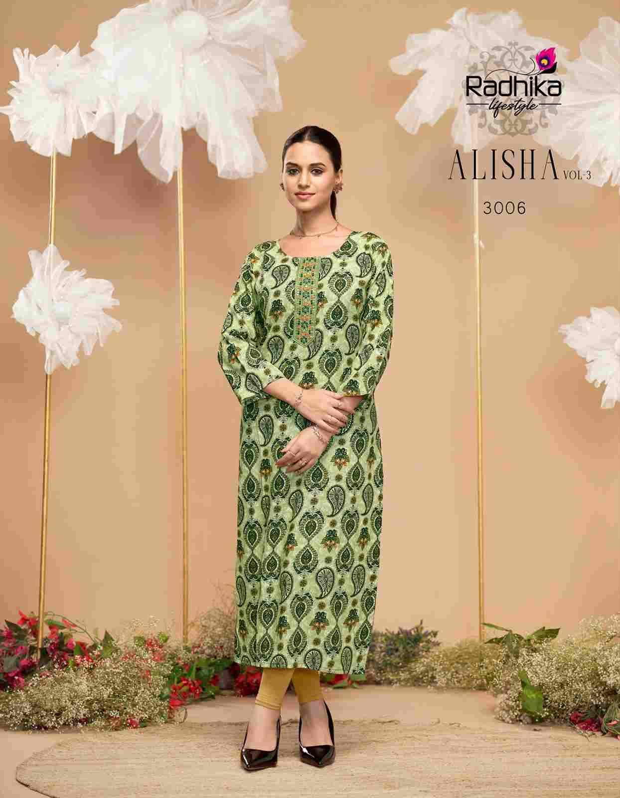 Alisha Vol-3 By Radhika Lifestyle 3001 To 3009 Series Designer Stylish Fancy Colorful Beautiful Party Wear & Ethnic Wear Collection Pure Rayon Print Kurtis At Wholesale Price