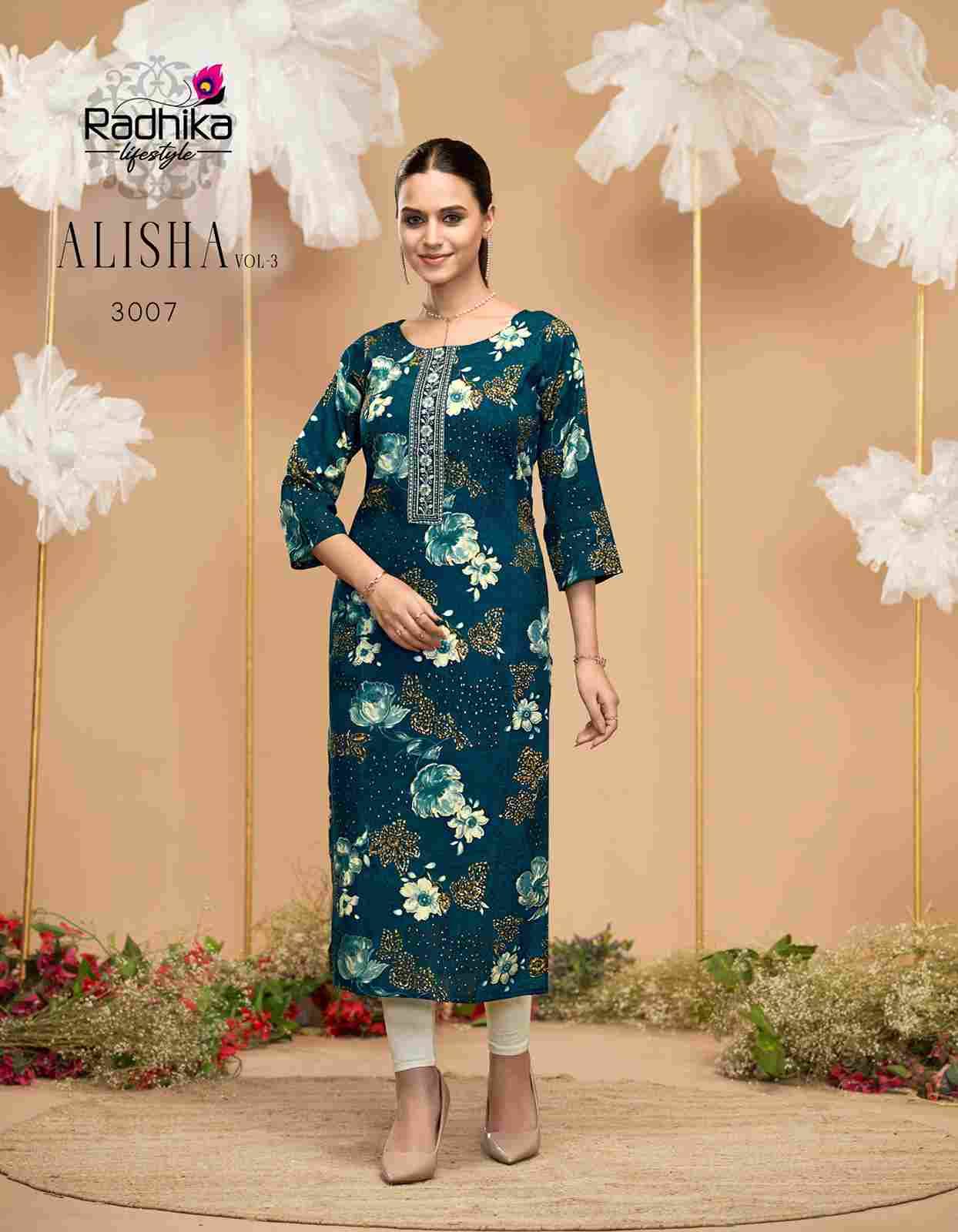 Alisha Vol-3 By Radhika Lifestyle 3001 To 3009 Series Designer Stylish Fancy Colorful Beautiful Party Wear & Ethnic Wear Collection Pure Rayon Print Kurtis At Wholesale Price