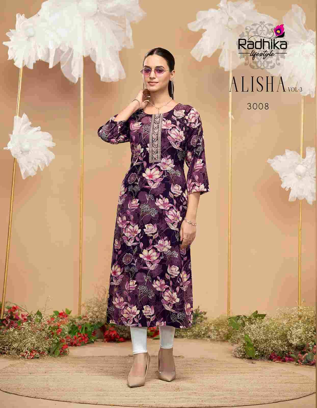 Alisha Vol-3 By Radhika Lifestyle 3001 To 3009 Series Designer Stylish Fancy Colorful Beautiful Party Wear & Ethnic Wear Collection Pure Rayon Print Kurtis At Wholesale Price