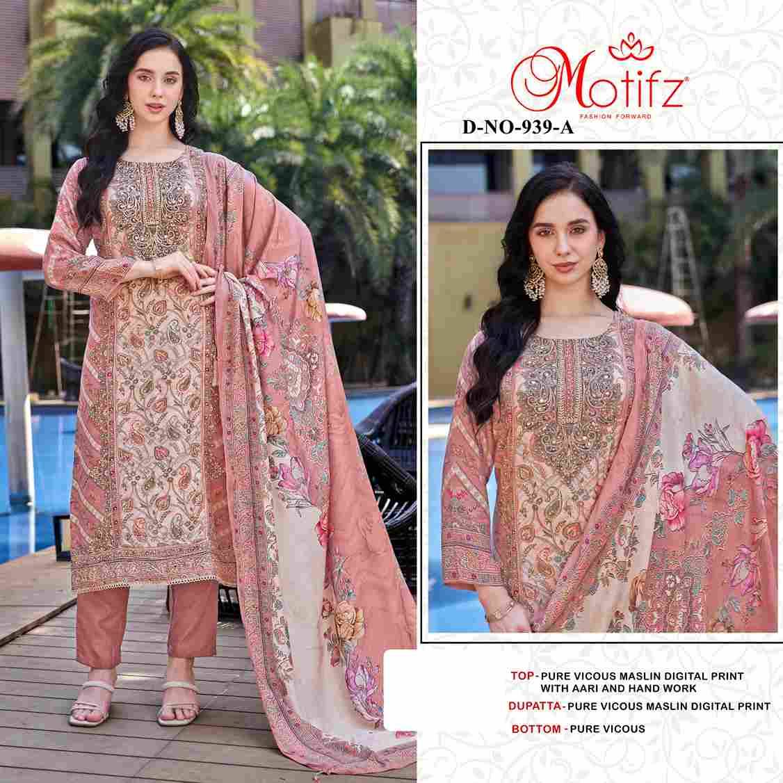 Motifz Hit Design 939 Colours By Motifz 939-A To 939-D Series Beautiful Pakistani Suits Colorful Stylish Fancy Casual Wear & Ethnic Wear Pure Viscose Muslin Embroidered Dresses At Wholesale Price